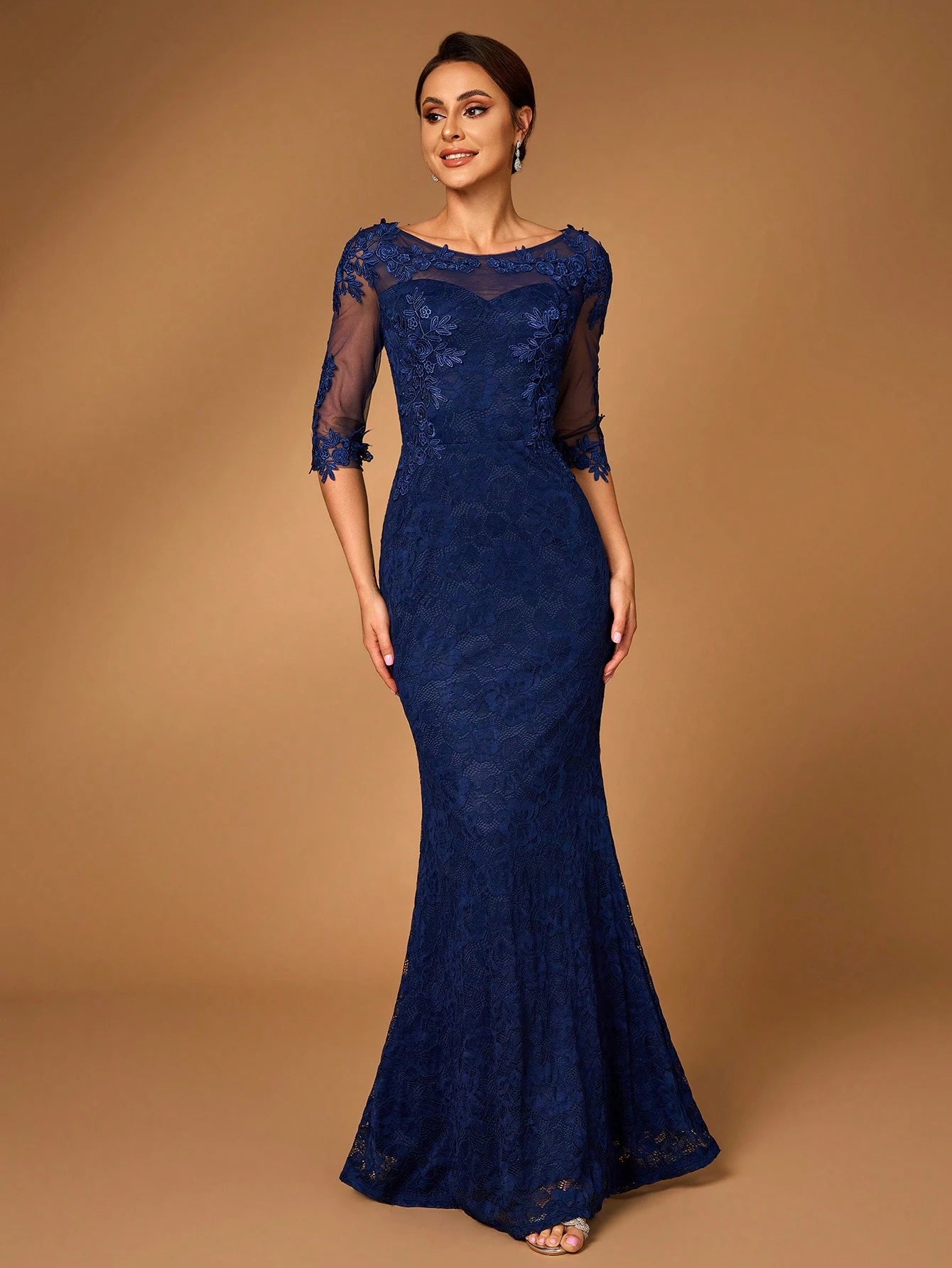 Serin Elegant Navy Blue Winter Formal Wedding Dress,Luxurious Sheer Long Sleeve Pearl Applique Lace Mermaid - image 7