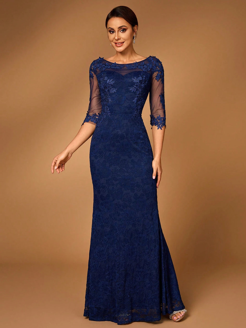 Serin Elegant Navy Blue Winter Formal Wedding Dress,Luxurious Sheer Long Sleeve Pearl Applique Lace Mermaid - image 2