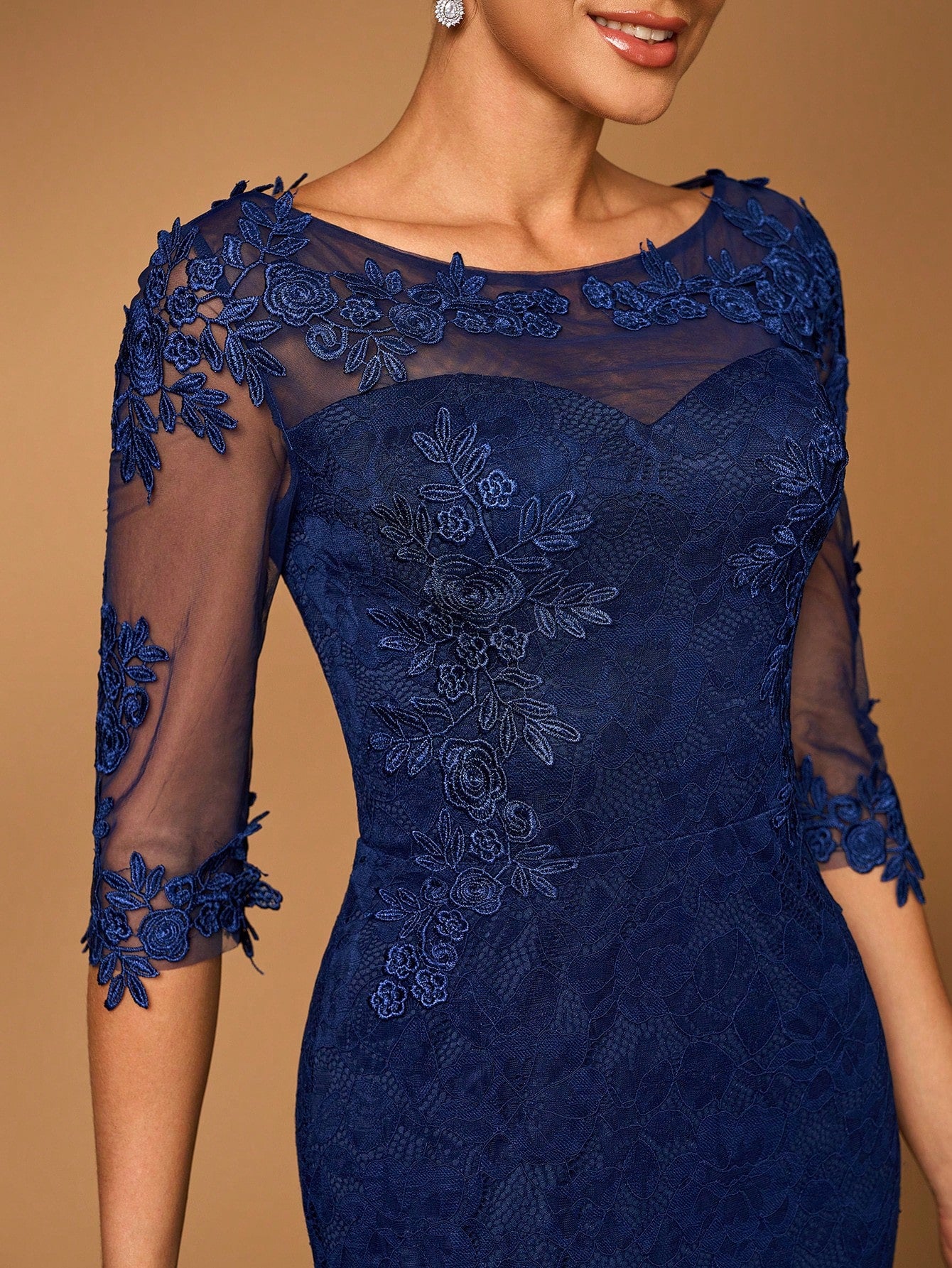 Serin Elegant Navy Blue Winter Formal Wedding Dress,Luxurious Sheer Long Sleeve Pearl Applique Lace Mermaid - image 3
