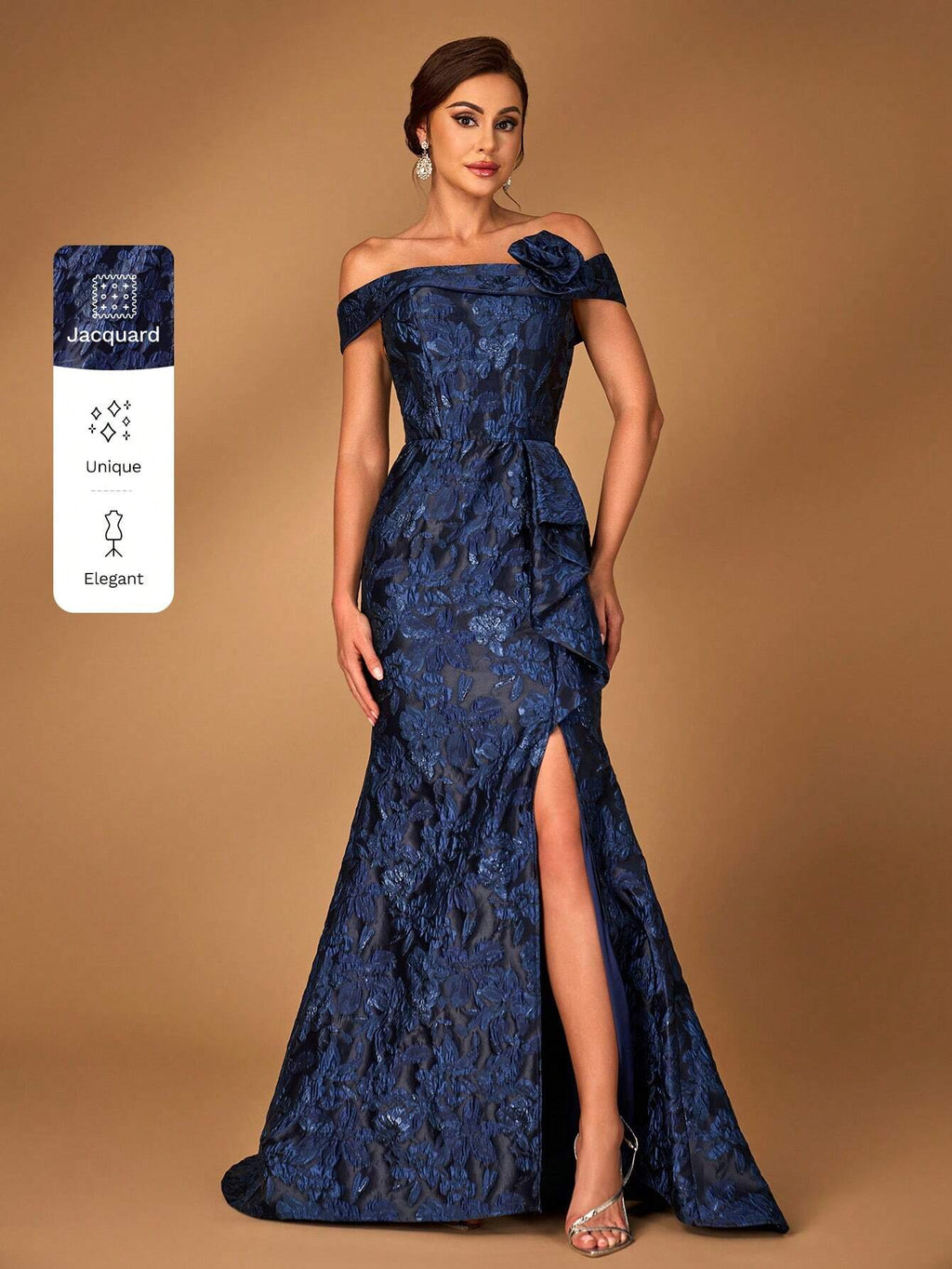 Serin Elegant Navy Blue Spring Evening Gown,Luxurious One Shoulder Jacquard Satin Pleated 3D Floral Slit - image 8
