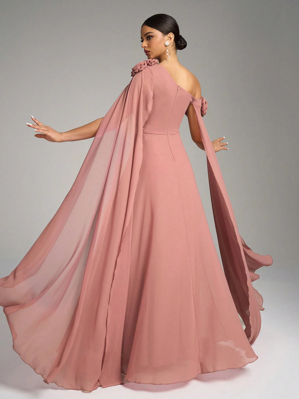 SUPGIR Asymmetrical Neck Floral Decor Long Flounce Waist Maxi Chiffon Dress, Bridesmaid Dress Wedding Elegant - image 6