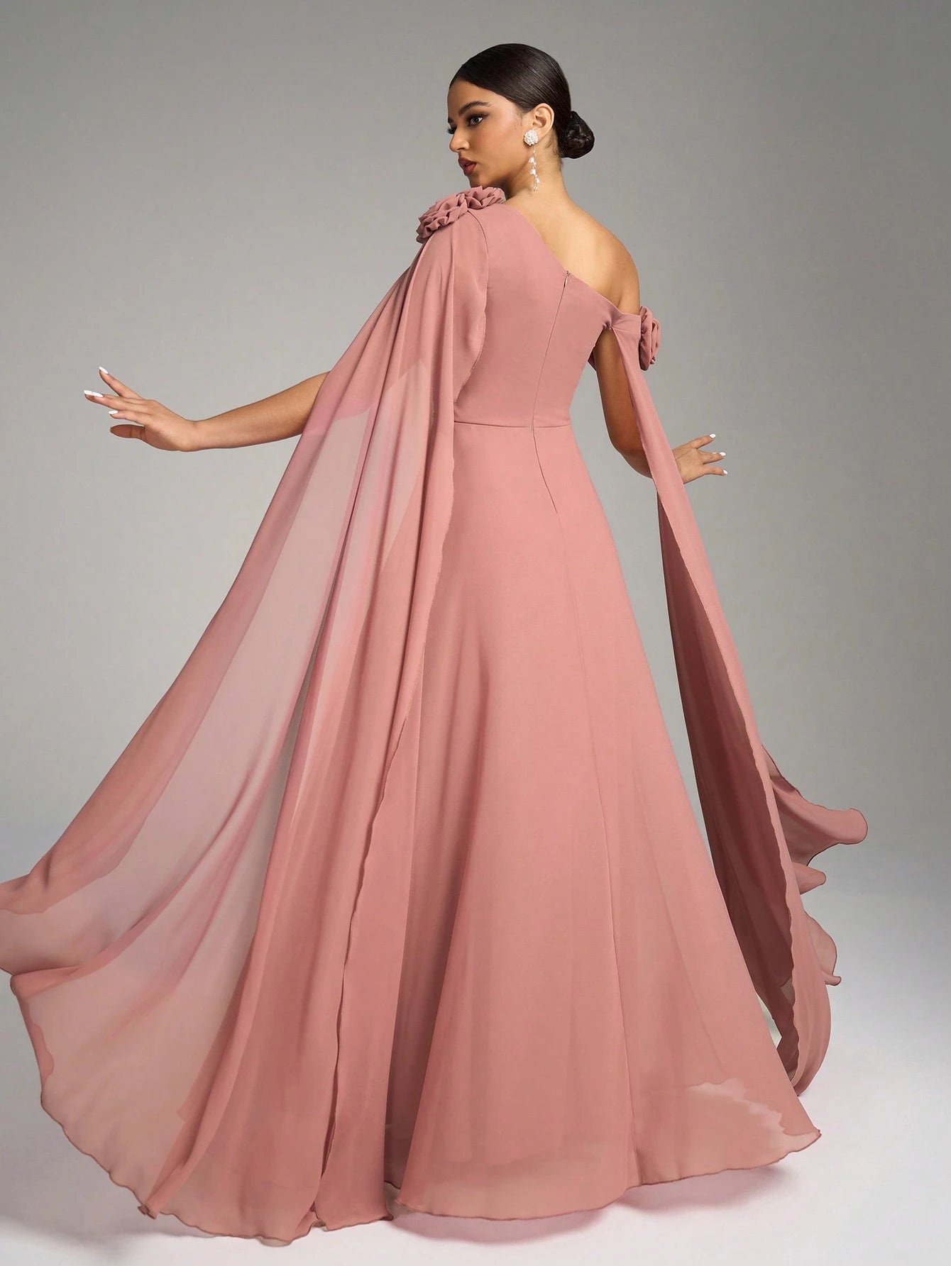 SUPGIR Asymmetrical Neck Floral Decor Long Flounce Waist Maxi Chiffon Dress, Bridesmaid Dress Wedding Elegant - image 6