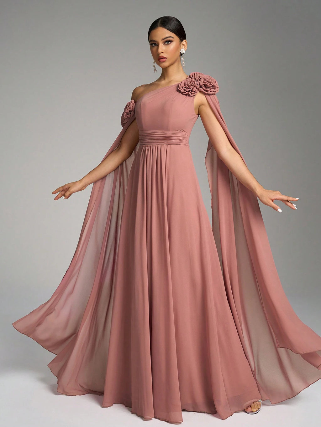 SUPGIR Asymmetrical Neck Floral Decor Long Flounce Waist Maxi Chiffon Dress, Bridesmaid Dress Wedding Elegant - image 7