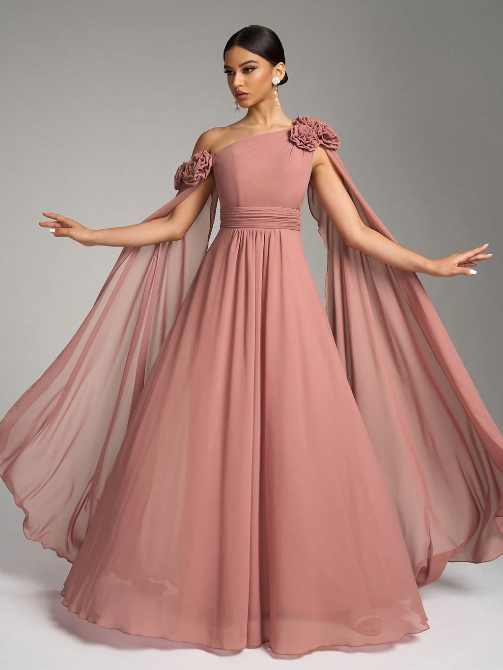 SUPGIR Asymmetrical Neck Floral Decor Long Flounce Waist Maxi Chiffon Dress, Bridesmaid Dress Wedding Elegant - image 2