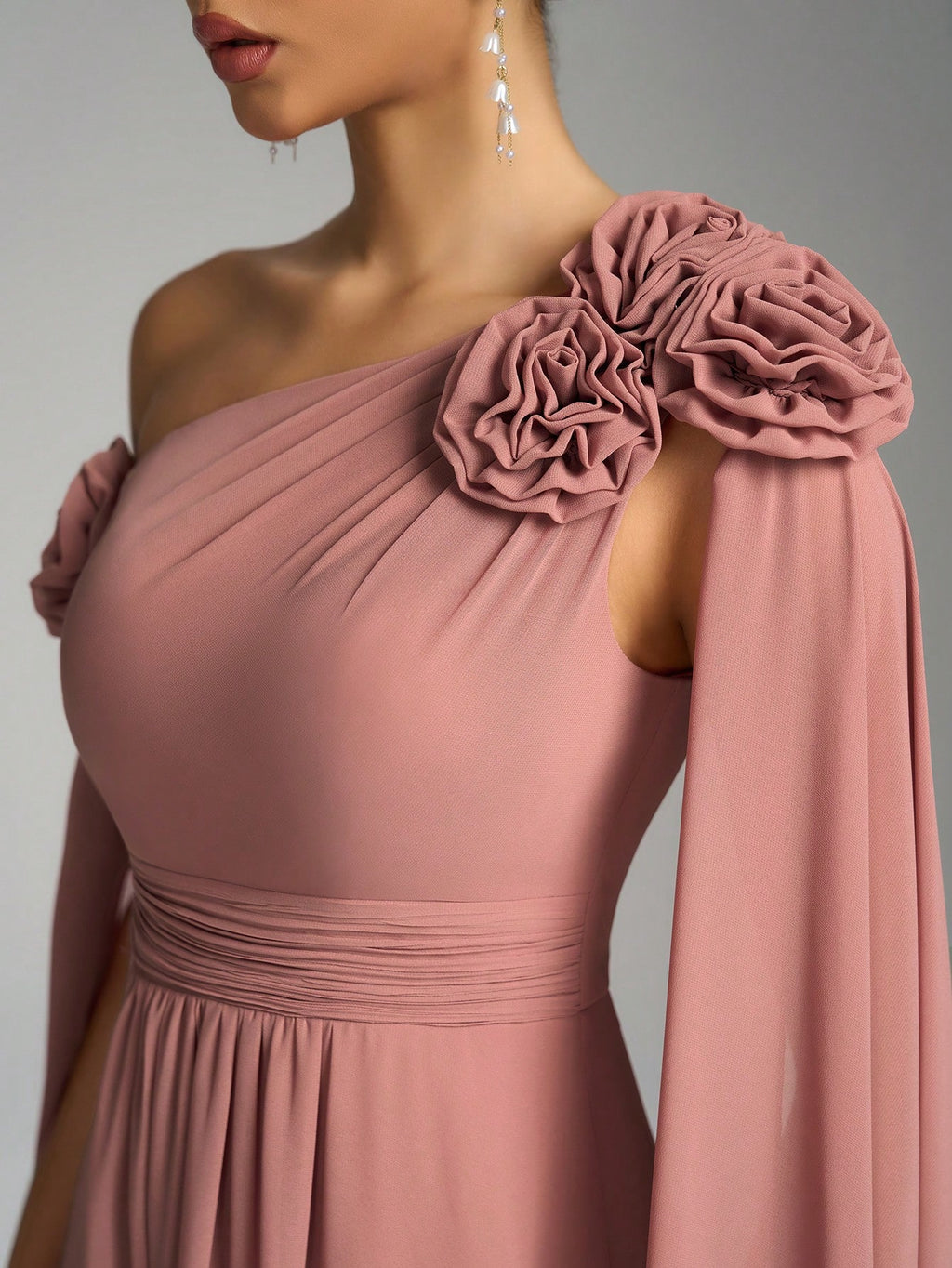 SUPGIR Asymmetrical Neck Floral Decor Long Flounce Waist Maxi Chiffon Dress, Bridesmaid Dress Wedding Elegant - image 8
