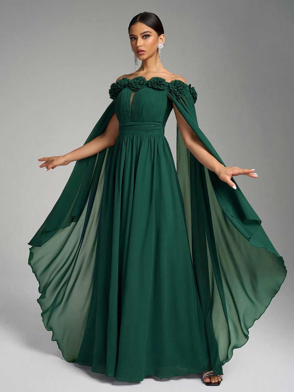 SUPGIR Off Shoulder Cape With Big Loose Sleeves, Pleated Waist, Floral Decor, Elegant Chiffon Dress Wedding - image 9