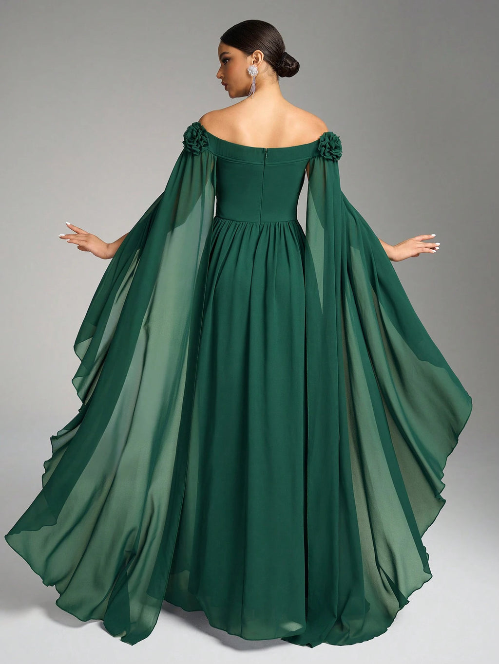 SUPGIR Off Shoulder Cape With Big Loose Sleeves, Pleated Waist, Floral Decor, Elegant Chiffon Dress Wedding - image 7