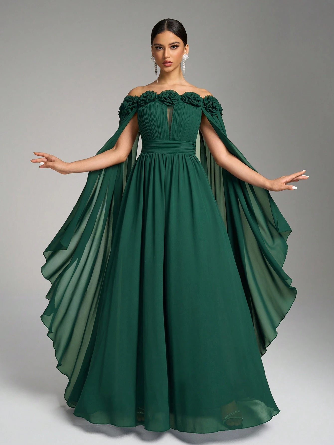 SUPGIR Off Shoulder Cape With Big Loose Sleeves, Pleated Waist, Floral Decor, Elegant Chiffon Dress Wedding - image 2