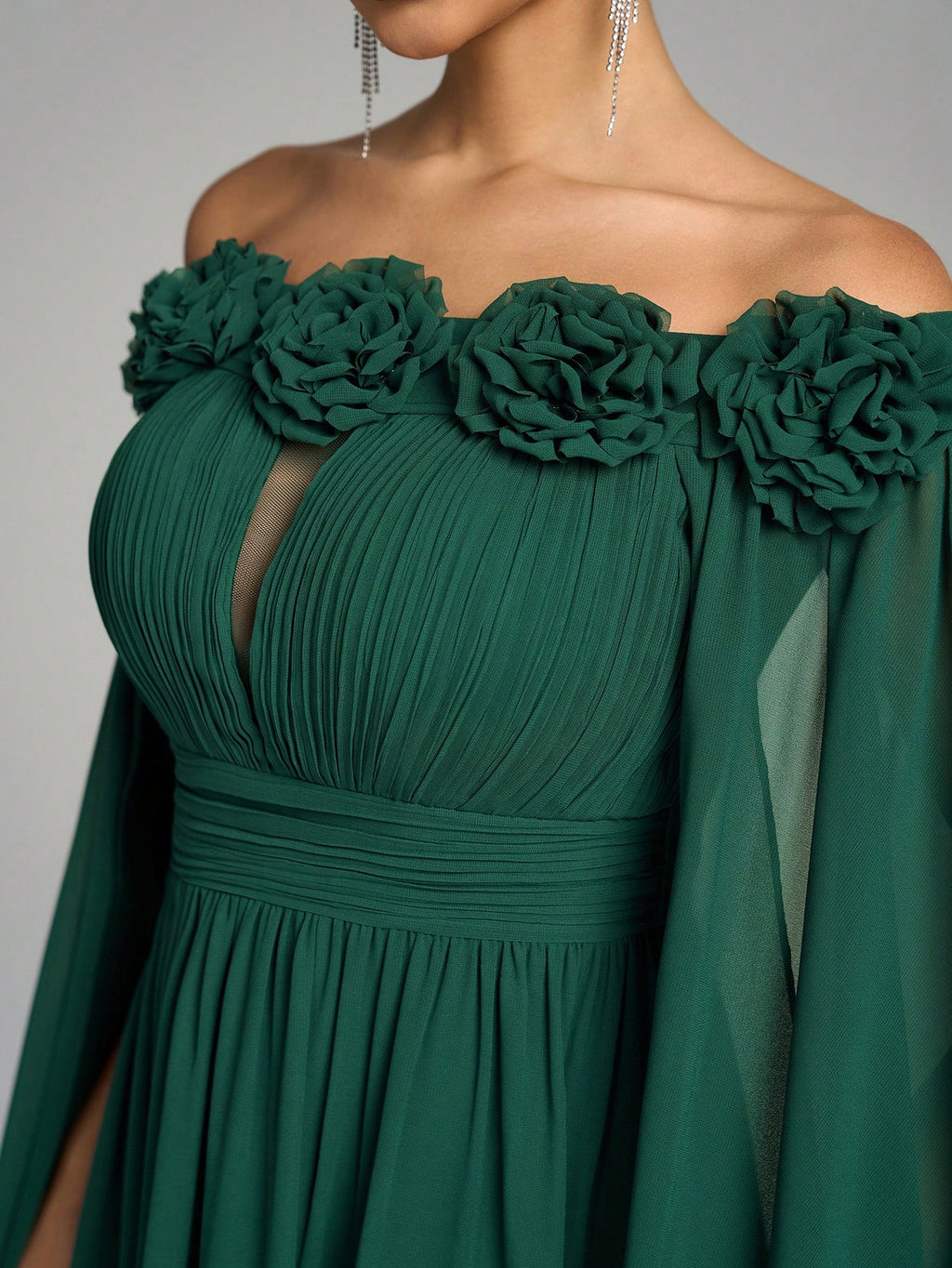 SUPGIR Off Shoulder Cape With Big Loose Sleeves, Pleated Waist, Floral Decor, Elegant Chiffon Dress Wedding - image 8