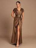 Belle Elegant Romantic Dignified Brown Satin Pleated Sleeveless A-Hem Side Slit Bridesmaid Dress