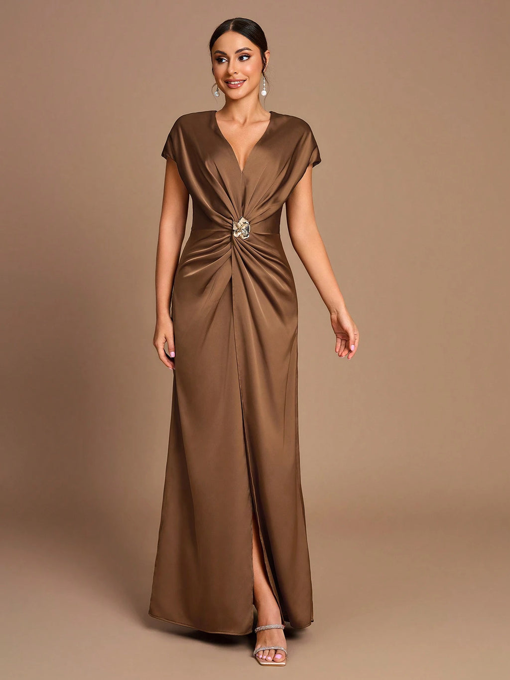 Belle Elegant Romantic Dignified Brown Satin Pleated Sleeveless A-Hem Side Slit Bridesmaid Dress - image 6
