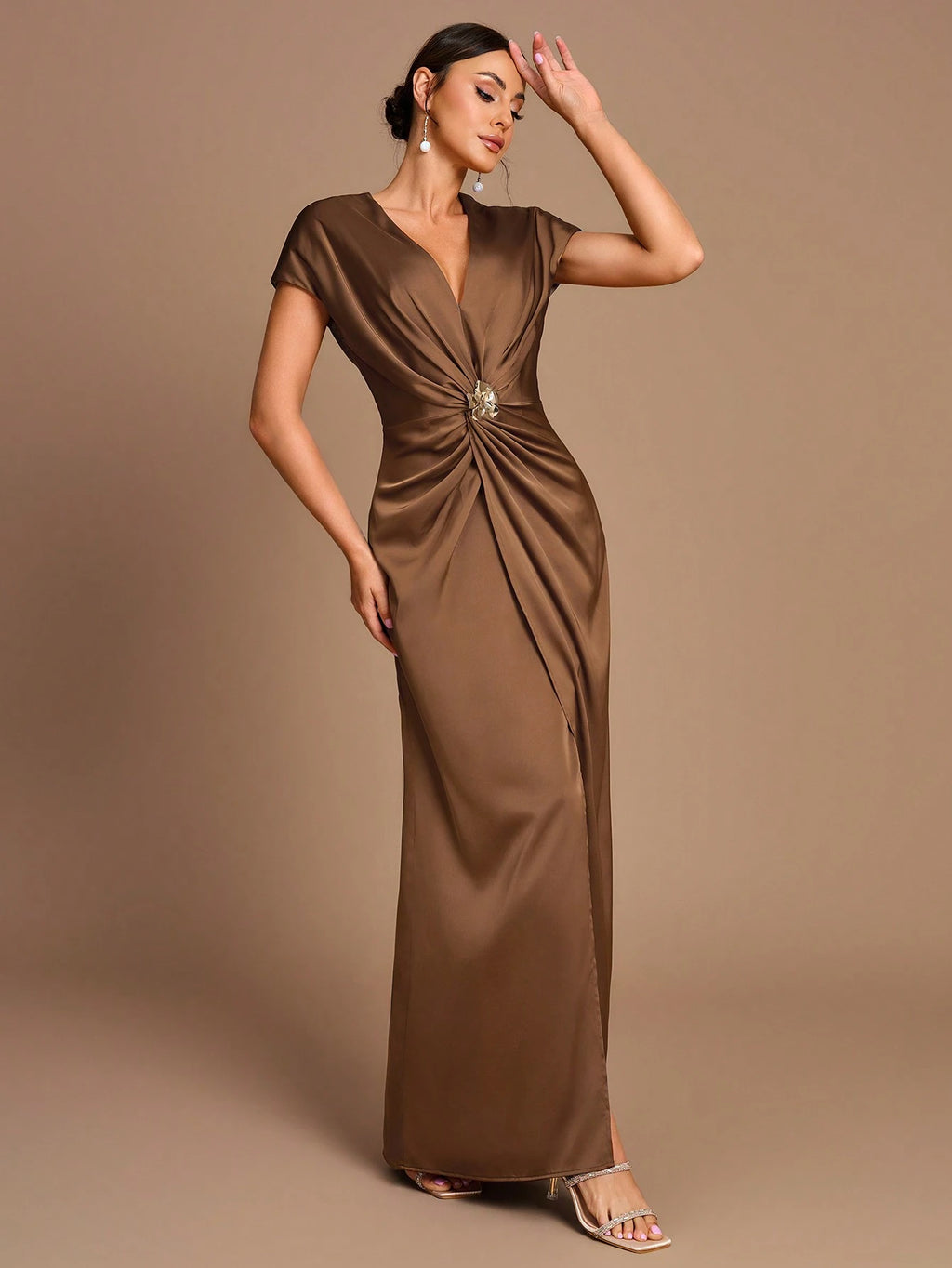 Belle Elegant Romantic Dignified Brown Satin Pleated Sleeveless A-Hem Side Slit Bridesmaid Dress - image 7