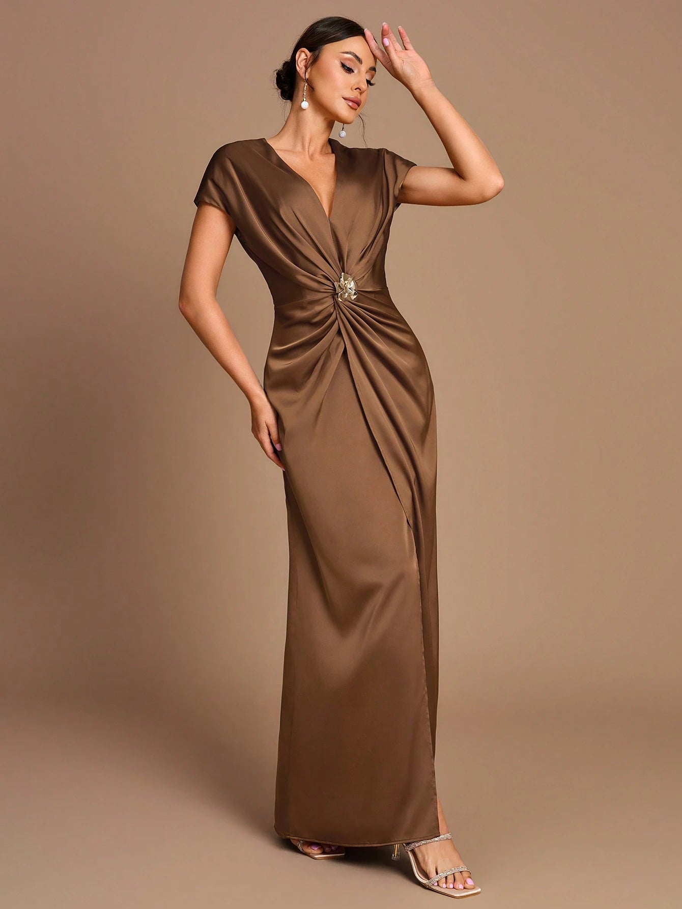 Belle Elegant Romantic Dignified Brown Satin Pleated Sleeveless A-Hem Side Slit Bridesmaid Dress - image 7