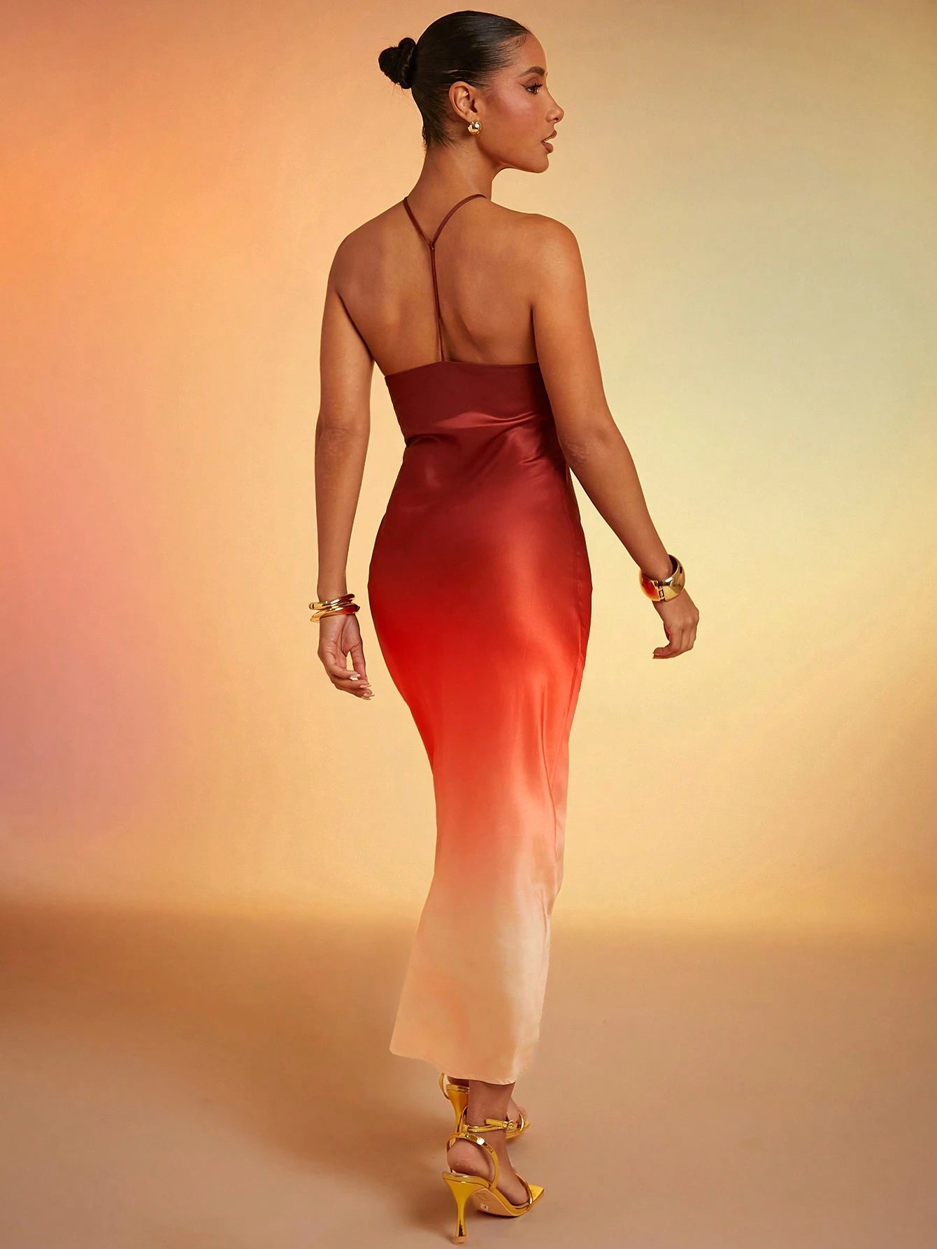 Hauture Ombre Satin Strappy Halter Backless Maxi Dress,Bodycon Dress - image 10