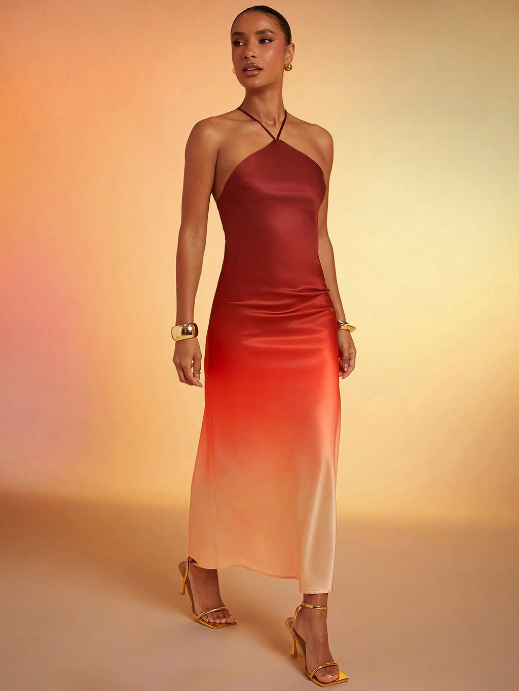 Hauture Ombre Satin Strappy Halter Backless Maxi Dress,Bodycon Dress - image 8