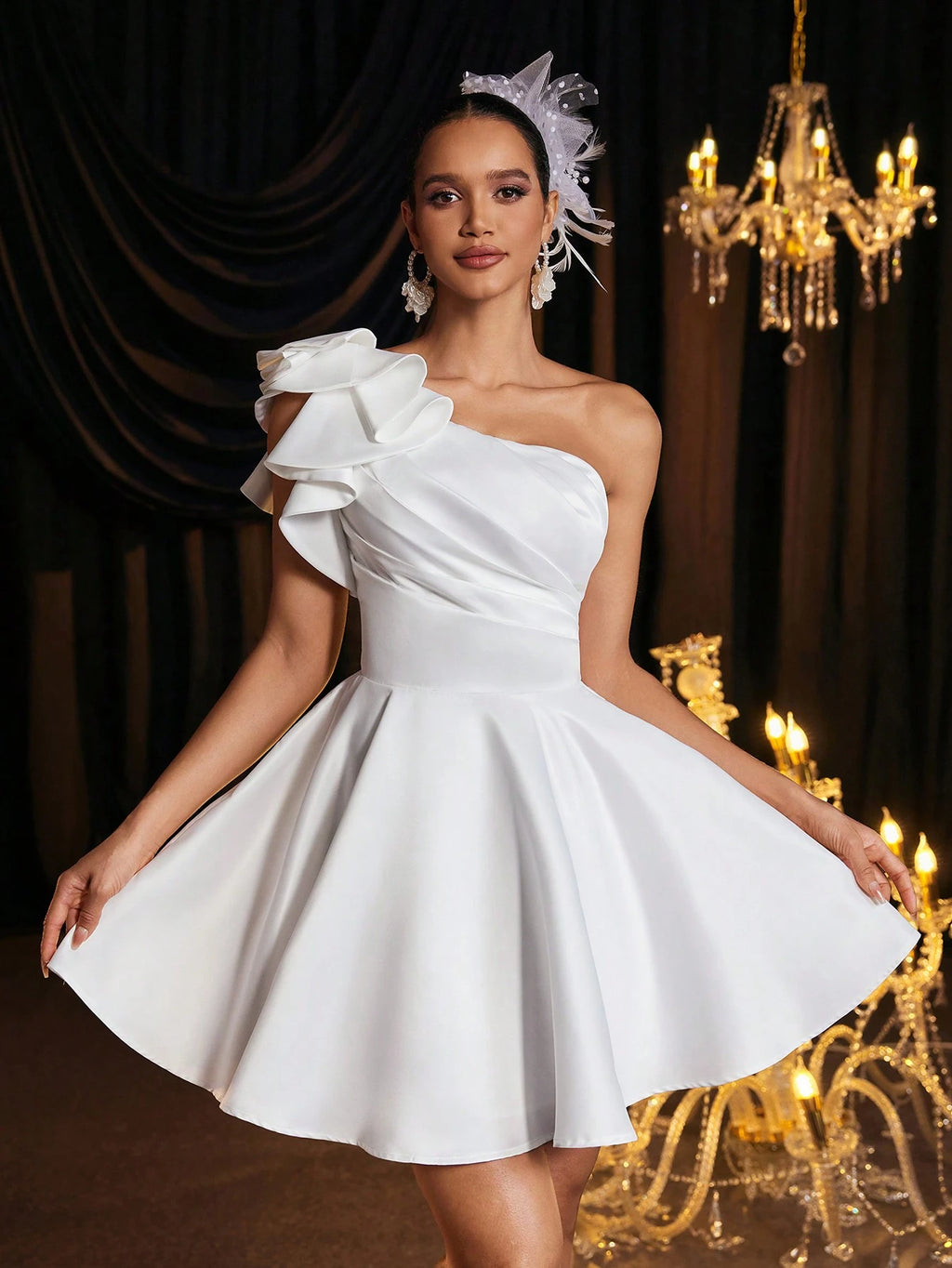 Belle Elegant Luxurious One Shoulder Ruffle Asymmetric Dress With Tie Back, Suitable For Wedding, Party, - image 4