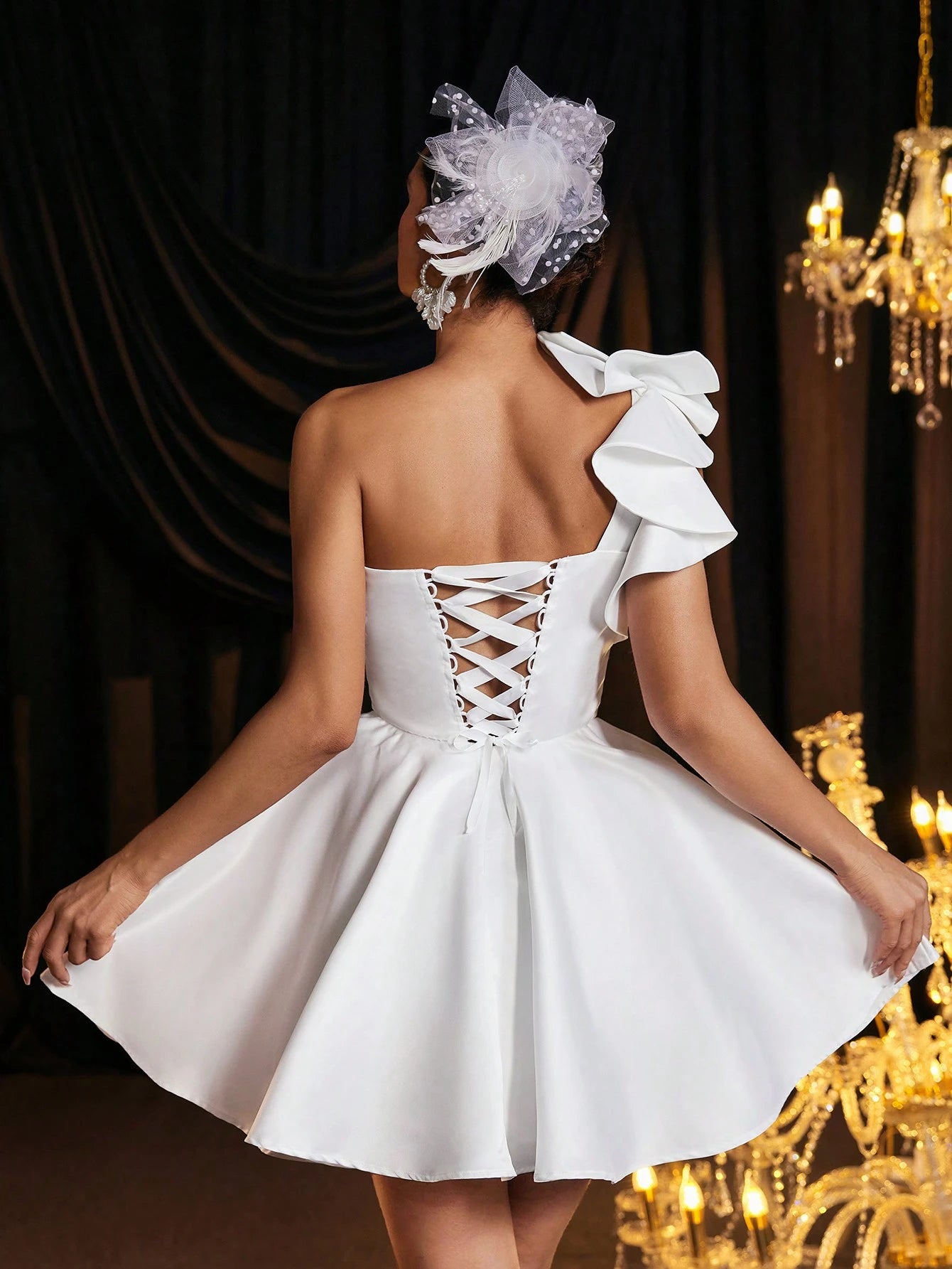 Belle Elegant Luxurious One Shoulder Ruffle Asymmetric Dress With Tie Back, Suitable For Wedding, Party, - image 3