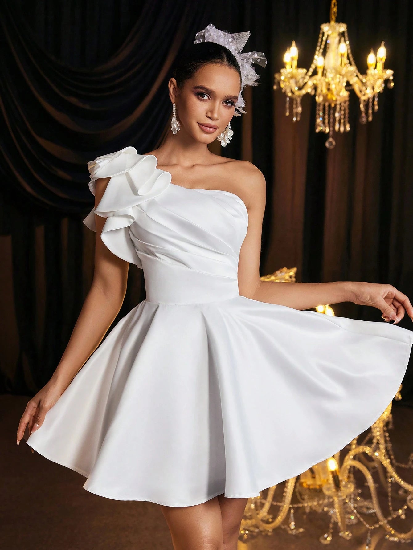 Belle Elegant Luxurious One Shoulder Ruffle Asymmetric Dress With Tie Back, Suitable For Wedding, Party, - image 6