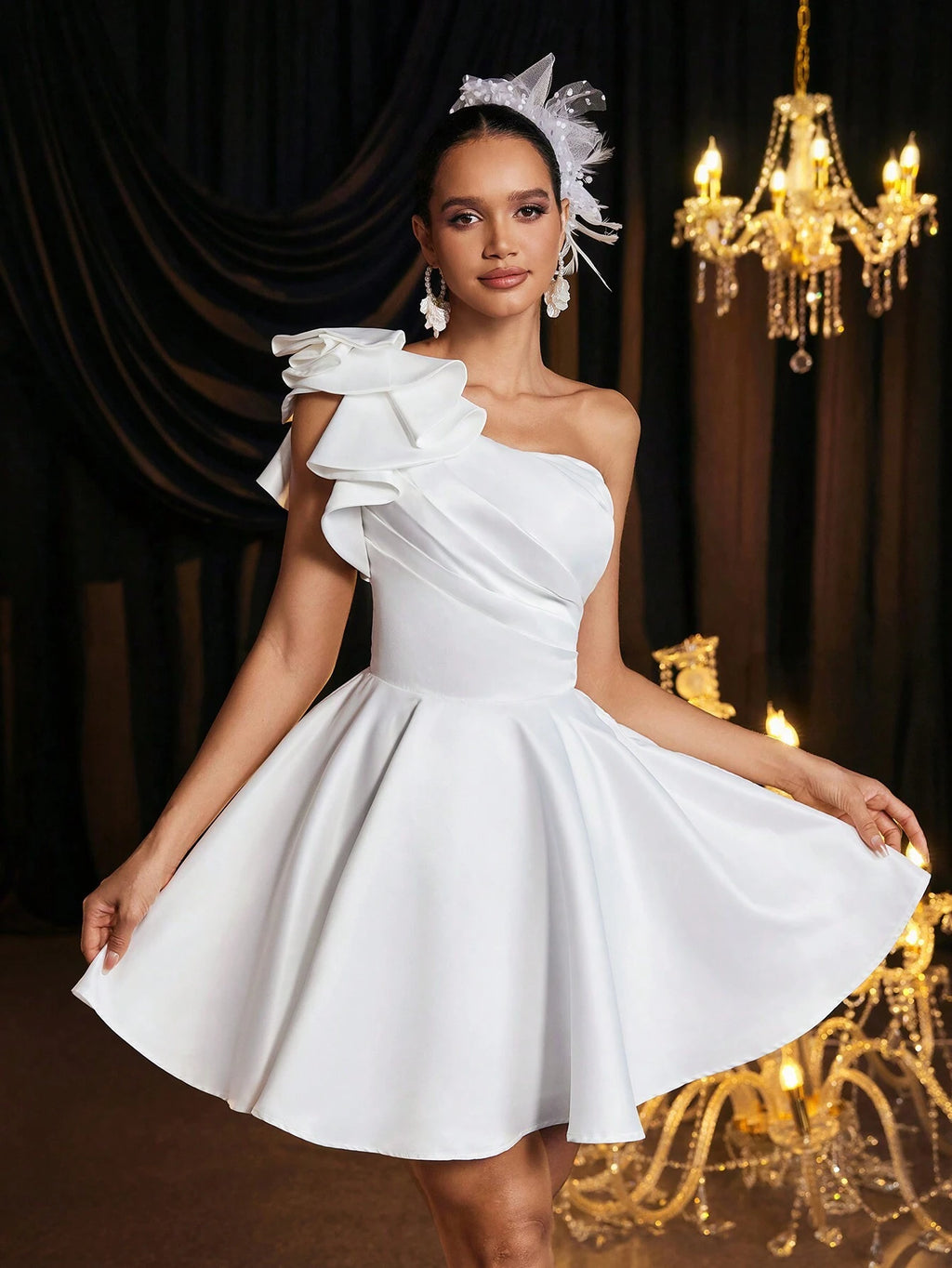 Belle Elegant Luxurious One Shoulder Ruffle Asymmetric Dress With Tie Back, Suitable For Wedding, Party, - image 2