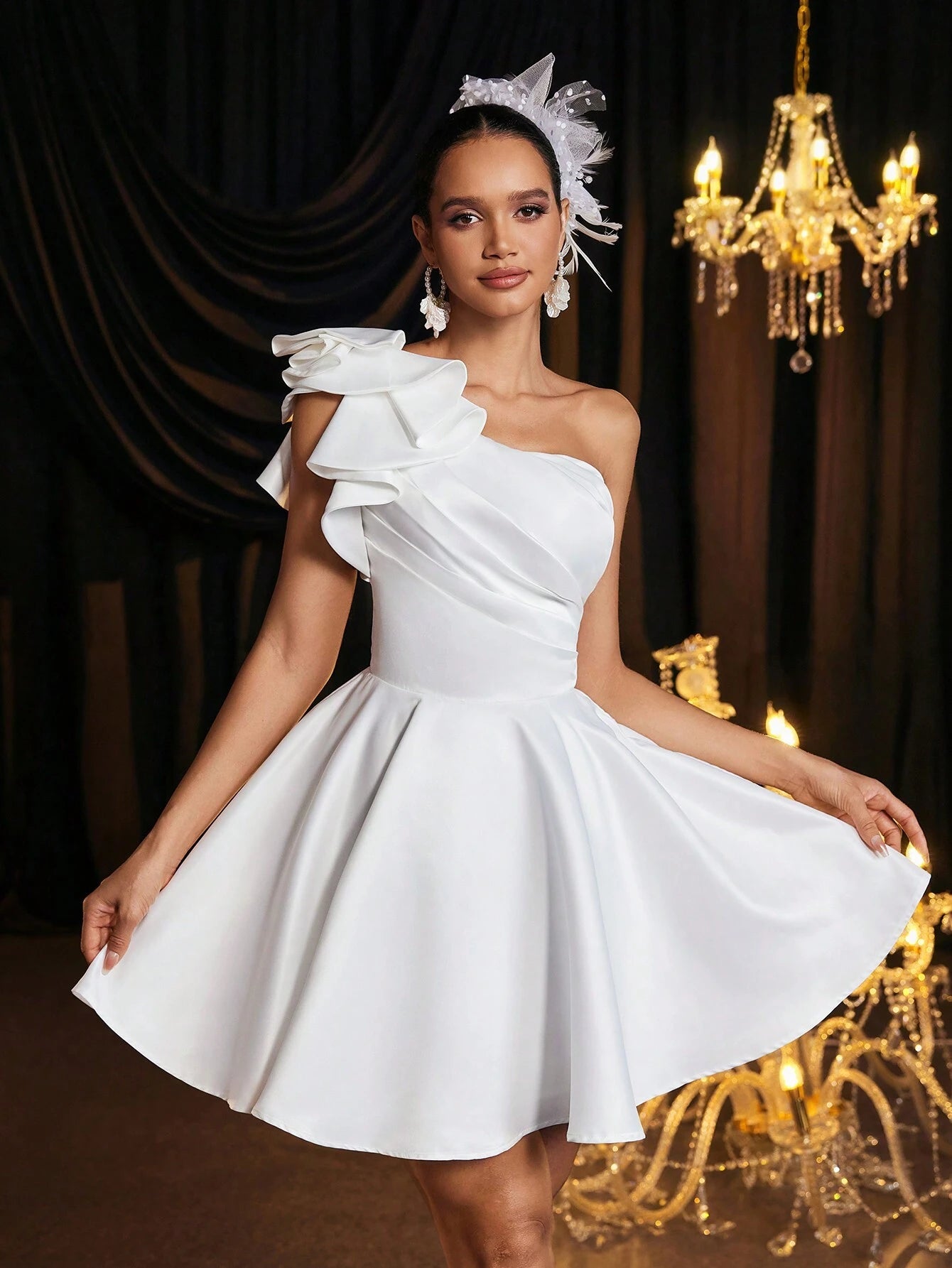 Belle Elegant Luxurious One Shoulder Ruffle Asymmetric Dress With Tie Back, Suitable For Wedding, Party, - image 2