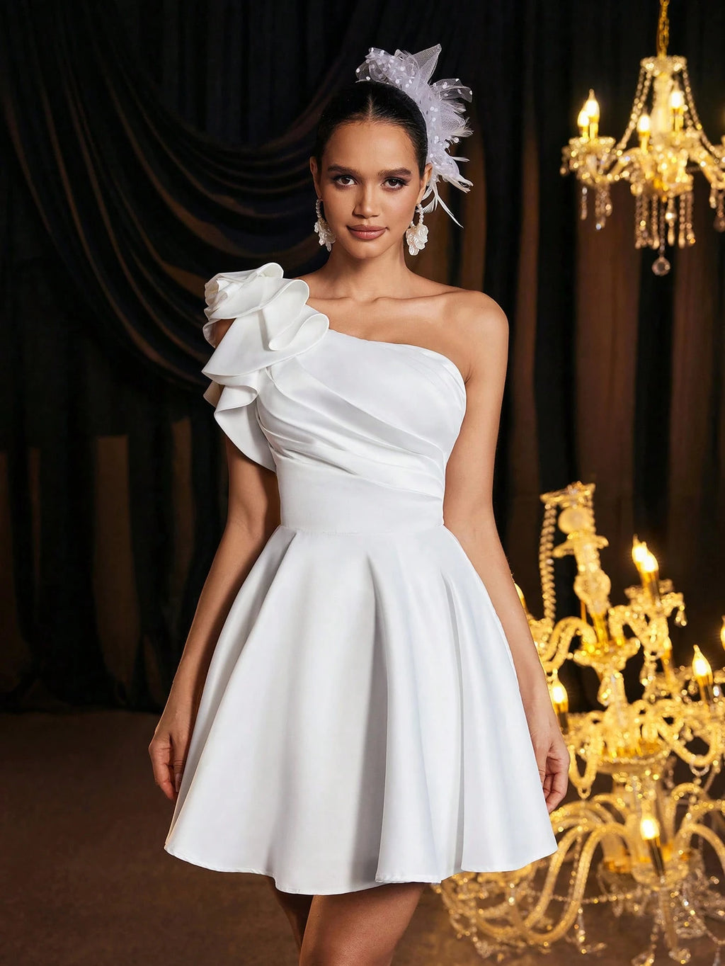 Belle Elegant Luxurious One Shoulder Ruffle Asymmetric Dress With Tie Back, Suitable For Wedding, Party, - image 5