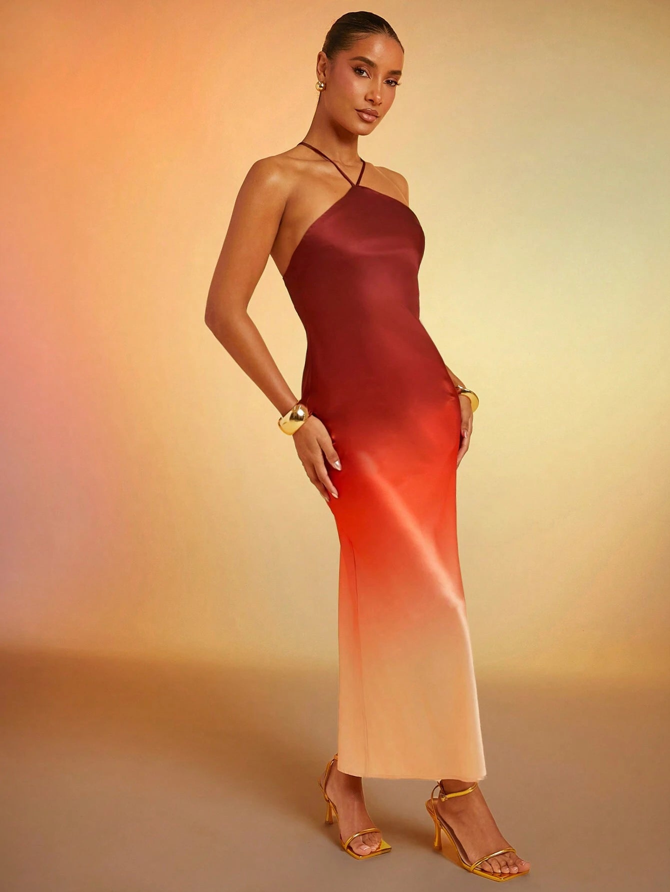 Hauture Ombre Satin Strappy Halter Backless Maxi Dress,Bodycon Dress - image 6