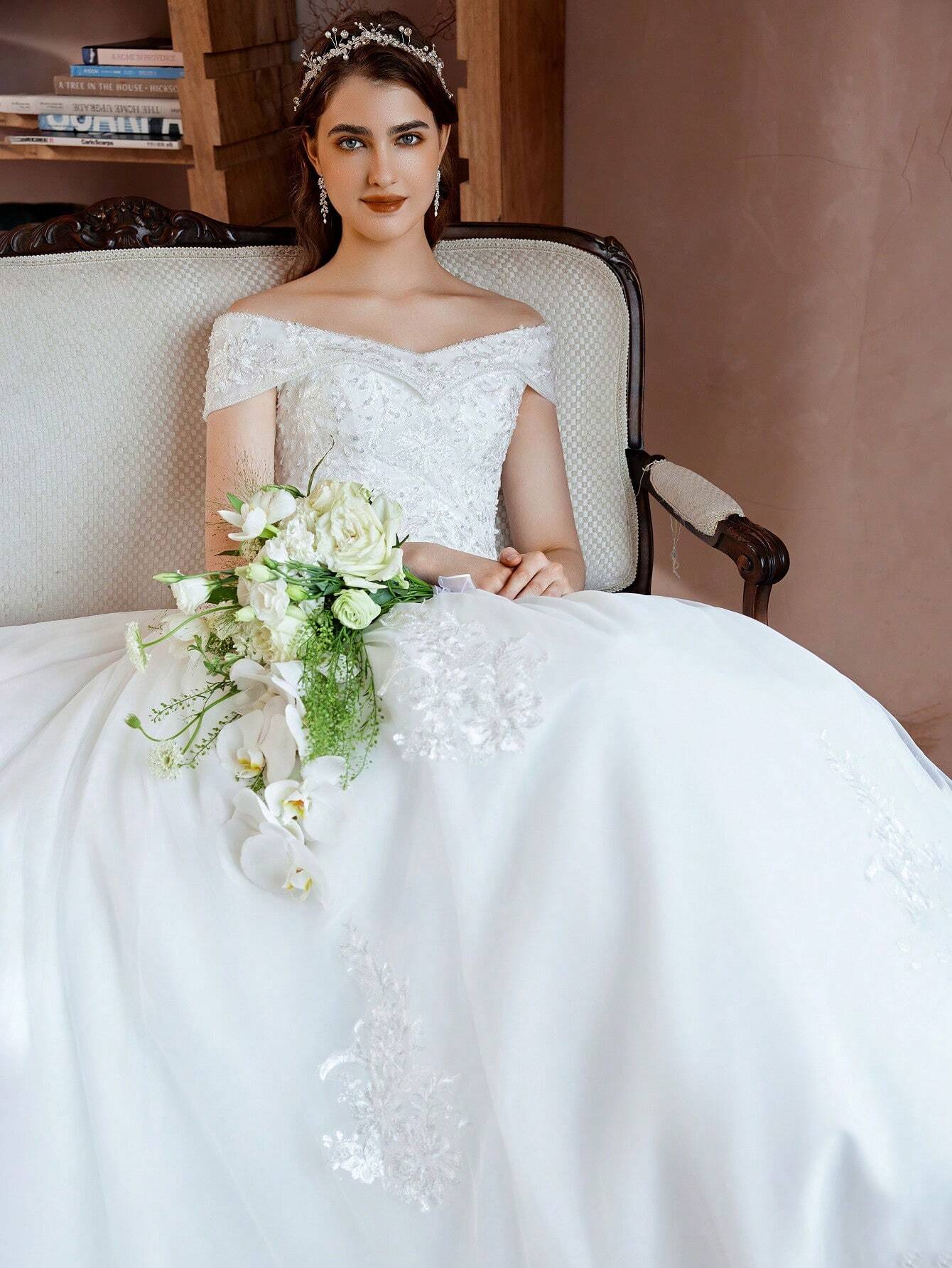 Elegant Open Shoulder Handmade Beaded Applique Tulle Dress Wedding Dress (Slip Not Included), Bridal Gown - image 9