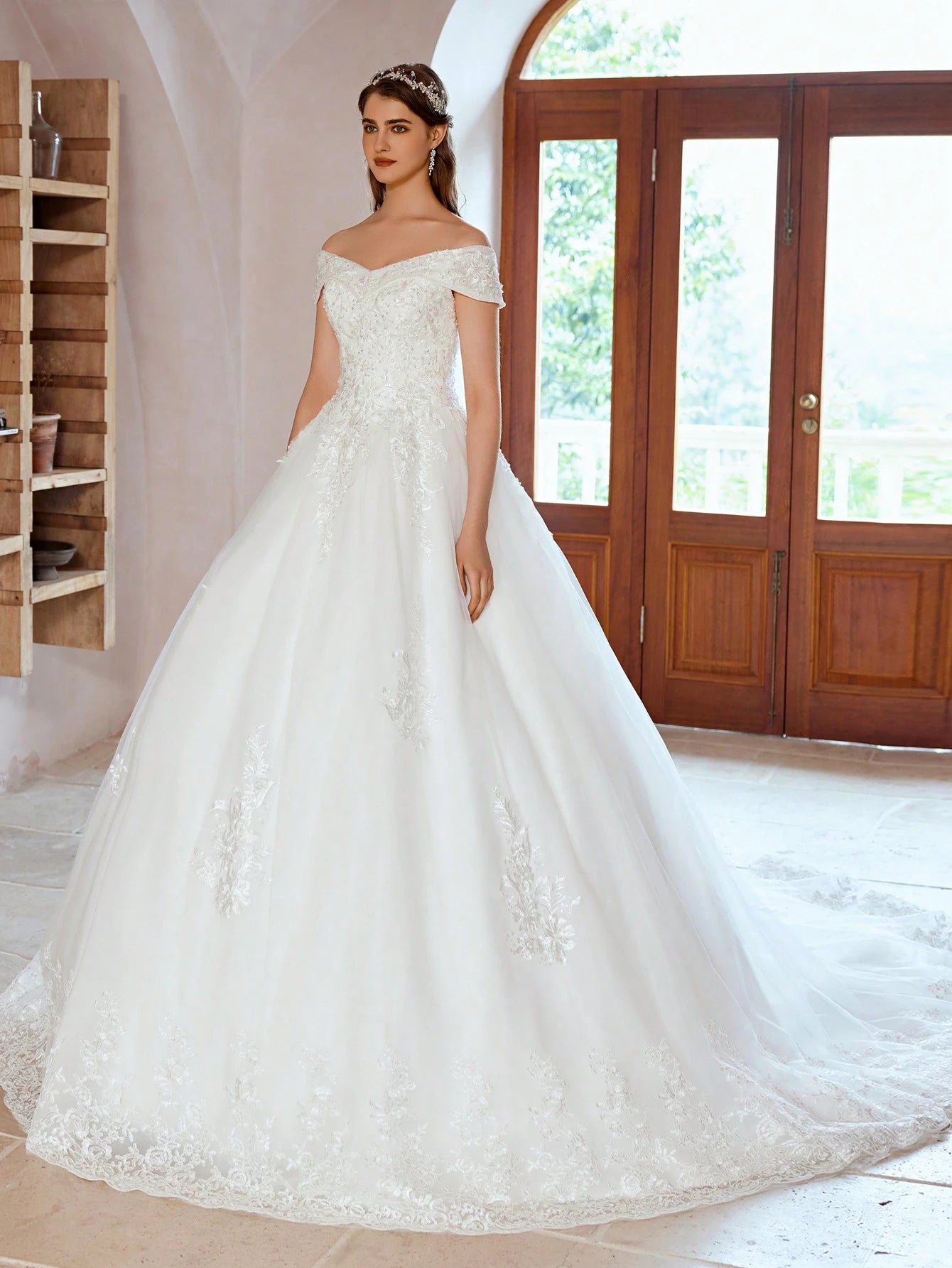 Elegant Open Shoulder Handmade Beaded Applique Tulle Dress Wedding Dress (Slip Not Included), Bridal Gown - image 3