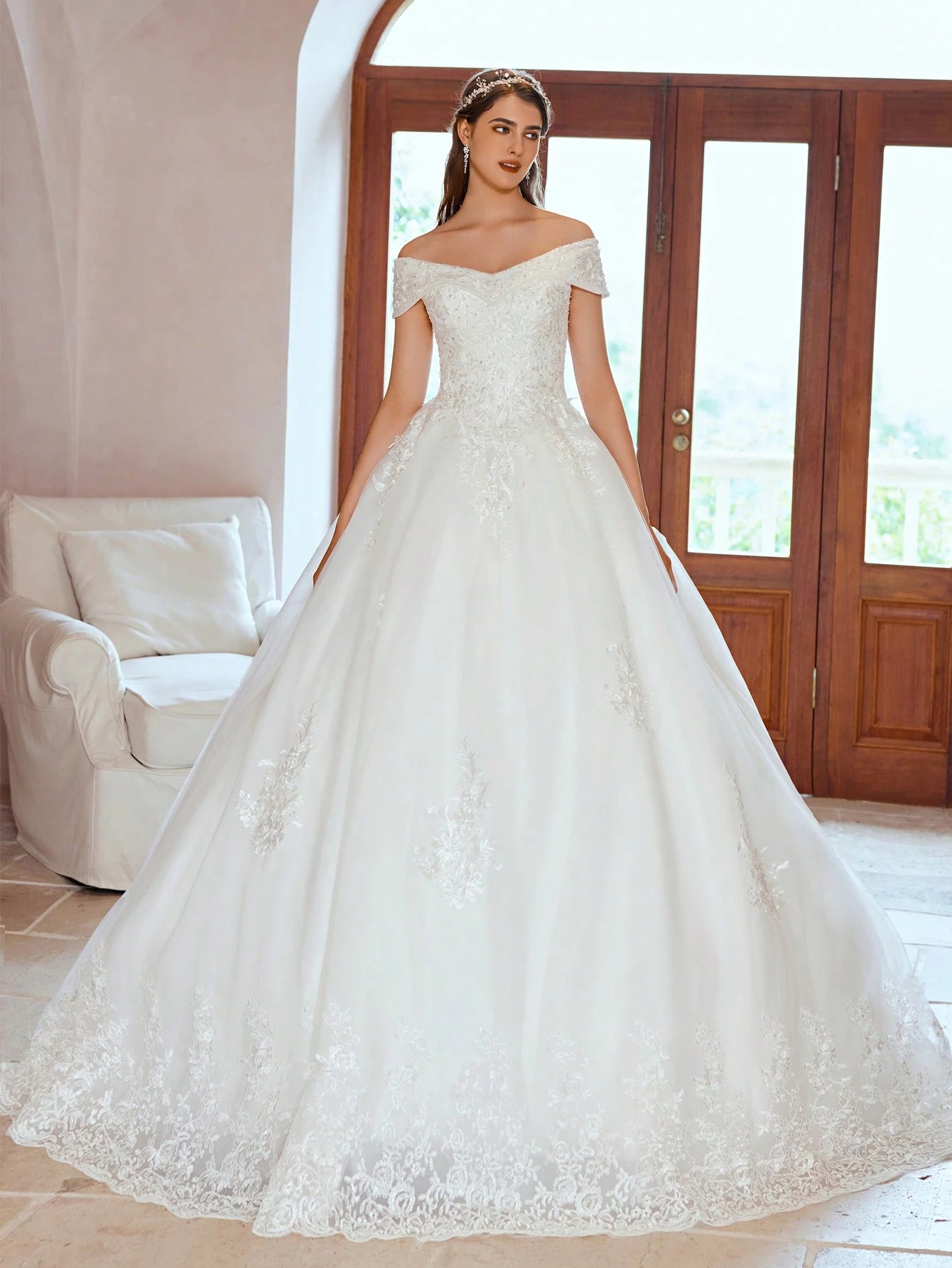 Elegant Open Shoulder Handmade Beaded Applique Tulle Dress Wedding Dress (Slip Not Included), Bridal Gown - image 2