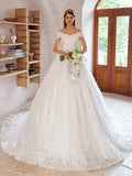 Elegant Open Shoulder Handmade Beaded Applique Tulle Dress Wedding Dress (Slip Not Included), Bridal Gown
