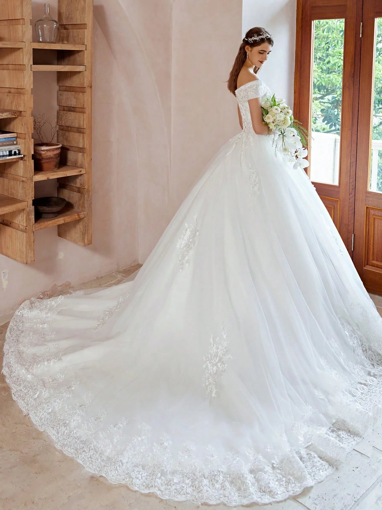 Elegant Open Shoulder Handmade Beaded Applique Tulle Dress Wedding Dress (Slip Not Included), Bridal Gown - image 4