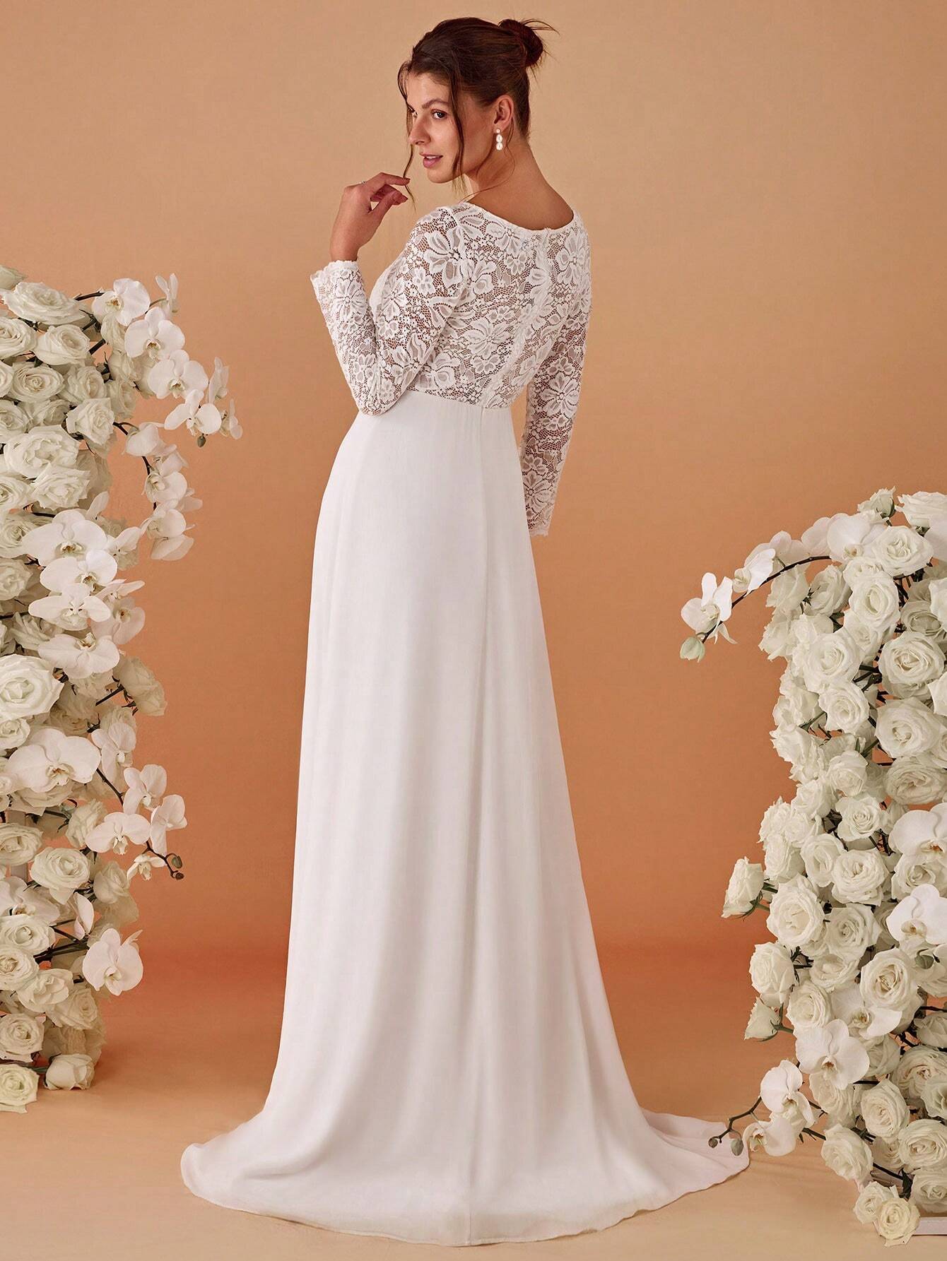 EVERPRETTY Contrast Color Lace V-Neck Floor-Length Wedding Dress With Train, White Elegant Long Sleeve Bridal - image 5
