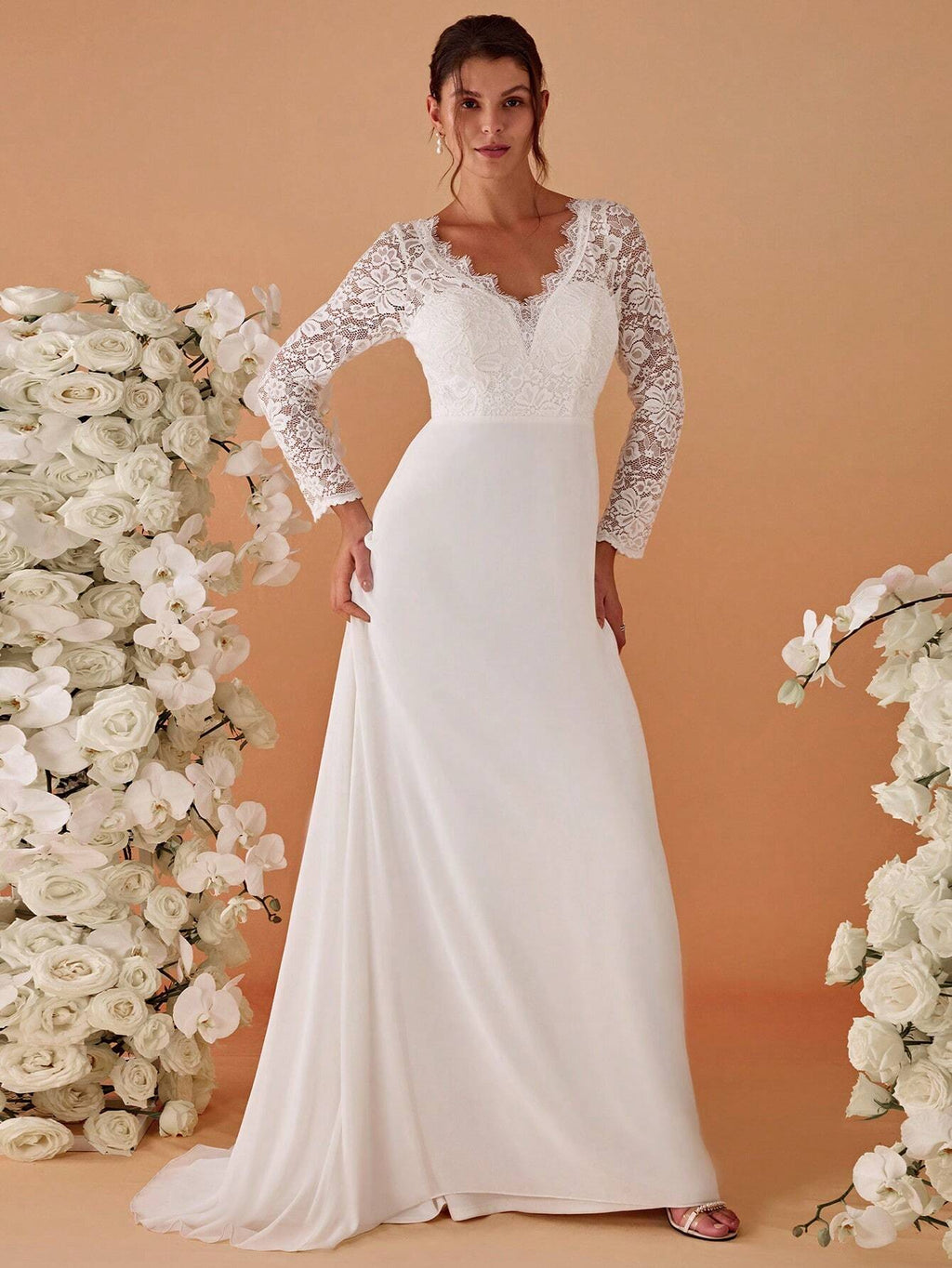 EVERPRETTY Contrast Color Lace V-Neck Floor-Length Wedding Dress With Train, White Elegant Long Sleeve Bridal - image 7