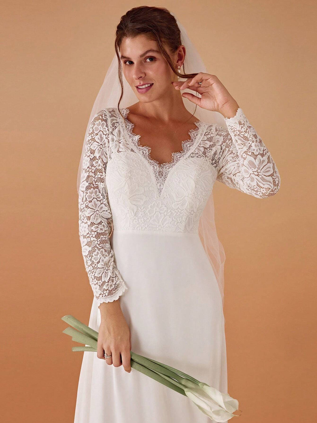 EVERPRETTY Contrast Color Lace V-Neck Floor-Length Wedding Dress With Train, White Elegant Long Sleeve Bridal - image 8