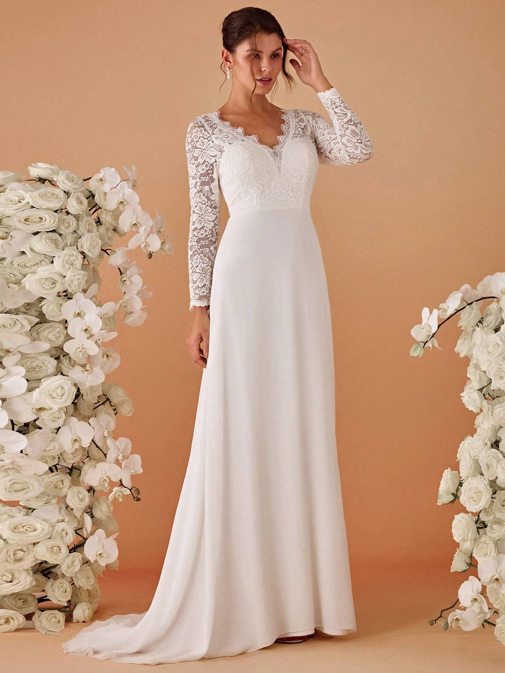 EVERPRETTY Contrast Color Lace V-Neck Floor-Length Wedding Dress With Train, White Elegant Long Sleeve Bridal - image 4