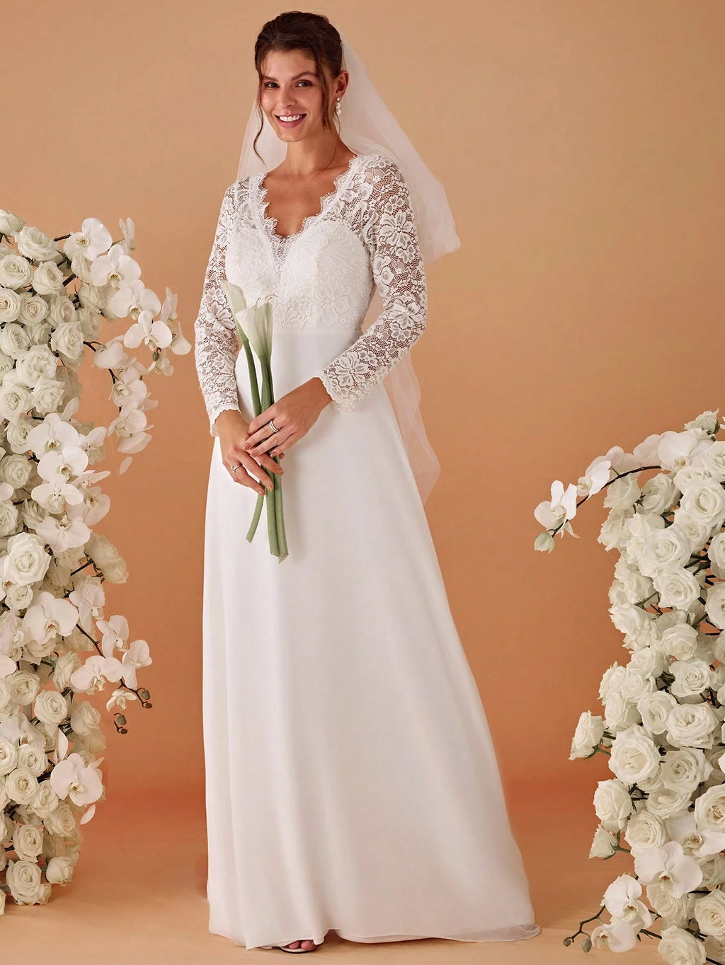 EVERPRETTY Contrast Color Lace V-Neck Floor-Length Wedding Dress With Train, White Elegant Long Sleeve Bridal - image 6
