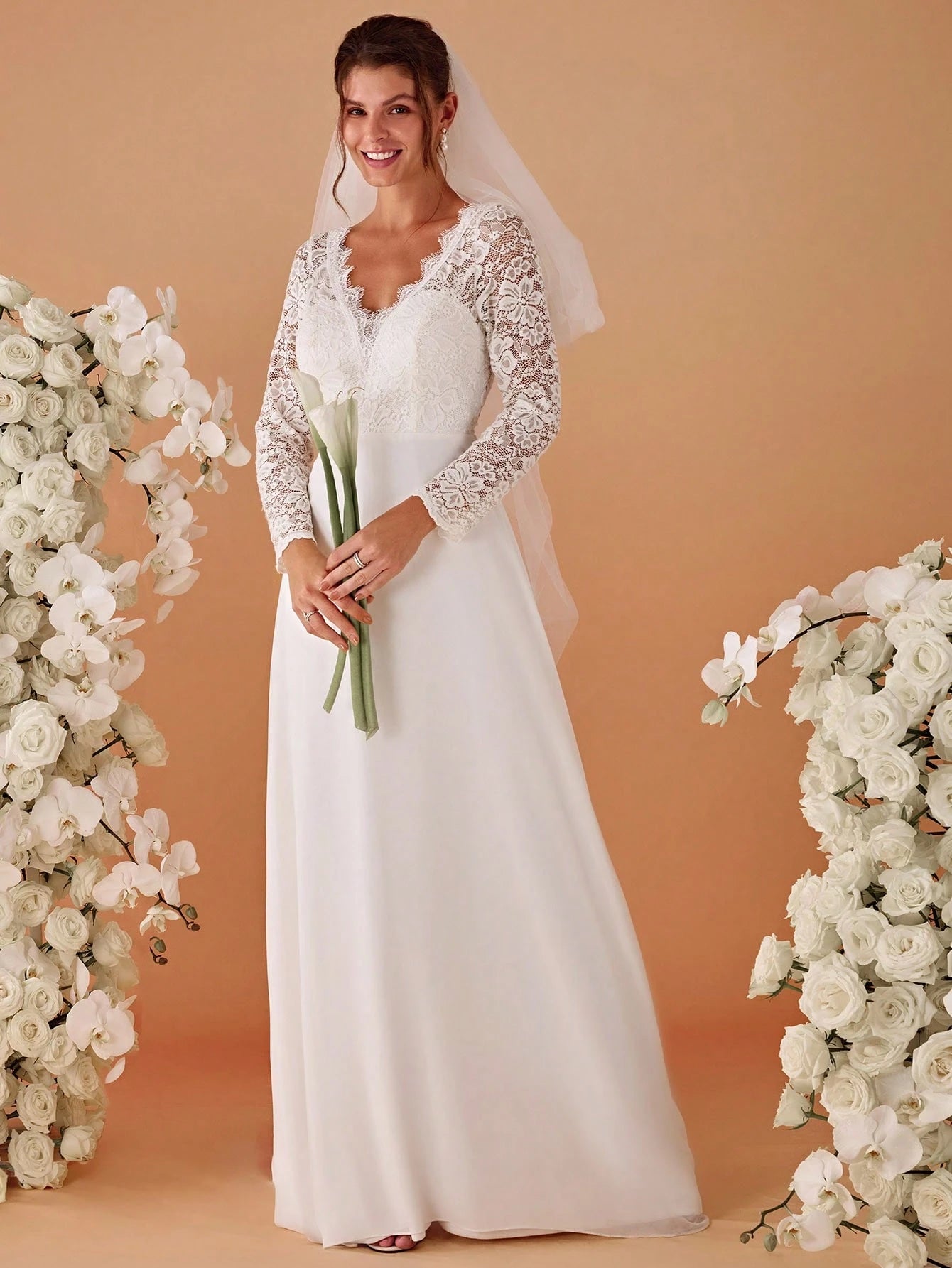 EVERPRETTY Contrast Color Lace V-Neck Floor-Length Wedding Dress With Train, White Elegant Long Sleeve Bridal - image 6