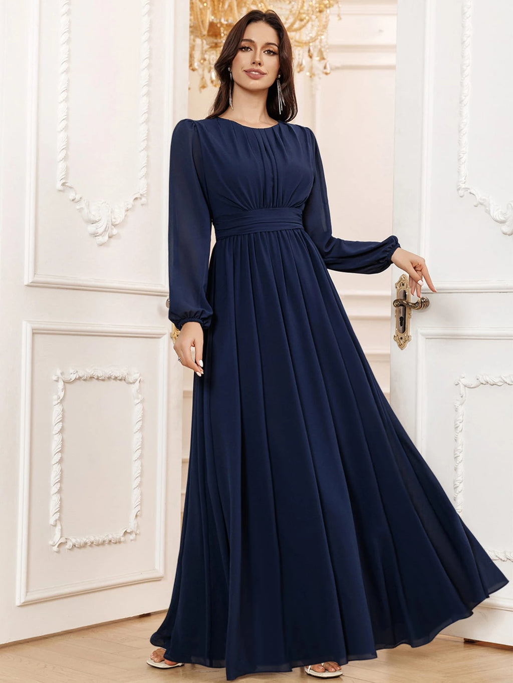 Volly Toych Lavender Elegant A-Line Round Neck Long Sleeve Floor-Length Chiffon Formal Bridesmaid Dress, - image 12