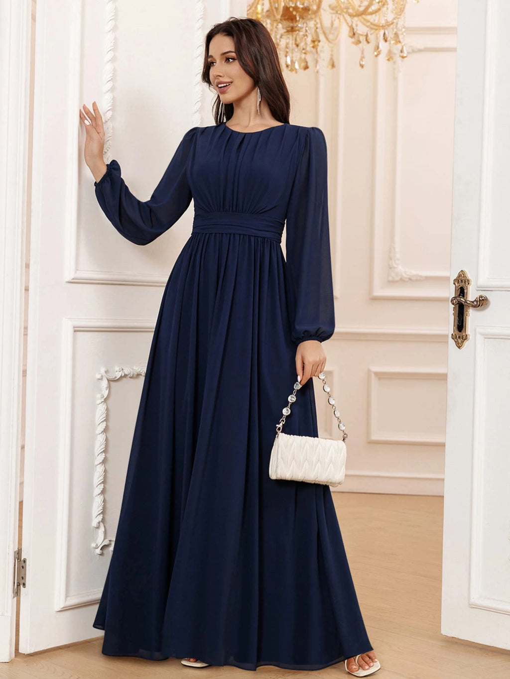 Volly Toych Lavender Elegant A-Line Round Neck Long Sleeve Floor-Length Chiffon Formal Bridesmaid Dress, - image 9