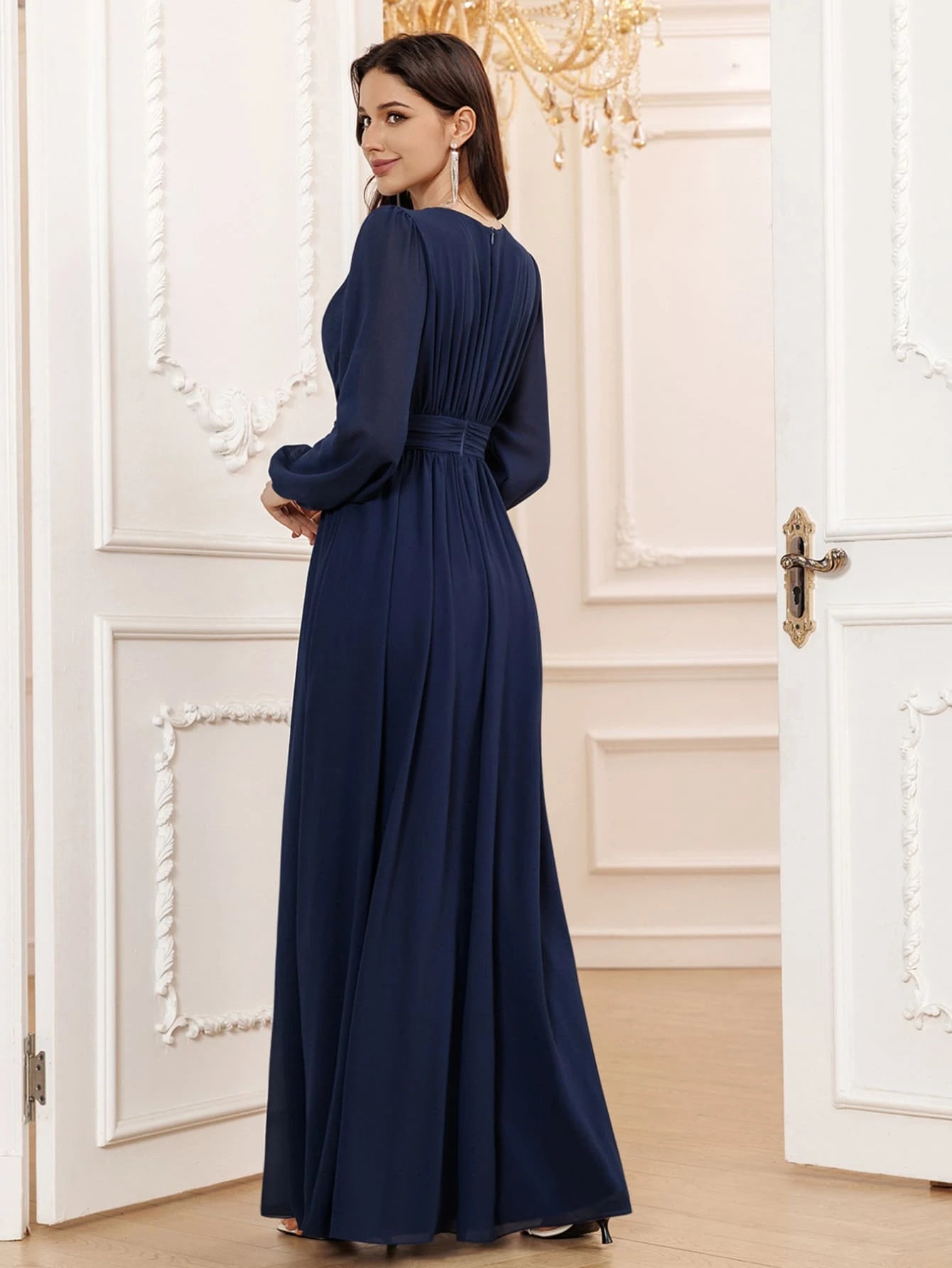 Volly Toych Lavender Elegant A-Line Round Neck Long Sleeve Floor-Length Chiffon Formal Bridesmaid Dress, - image 8