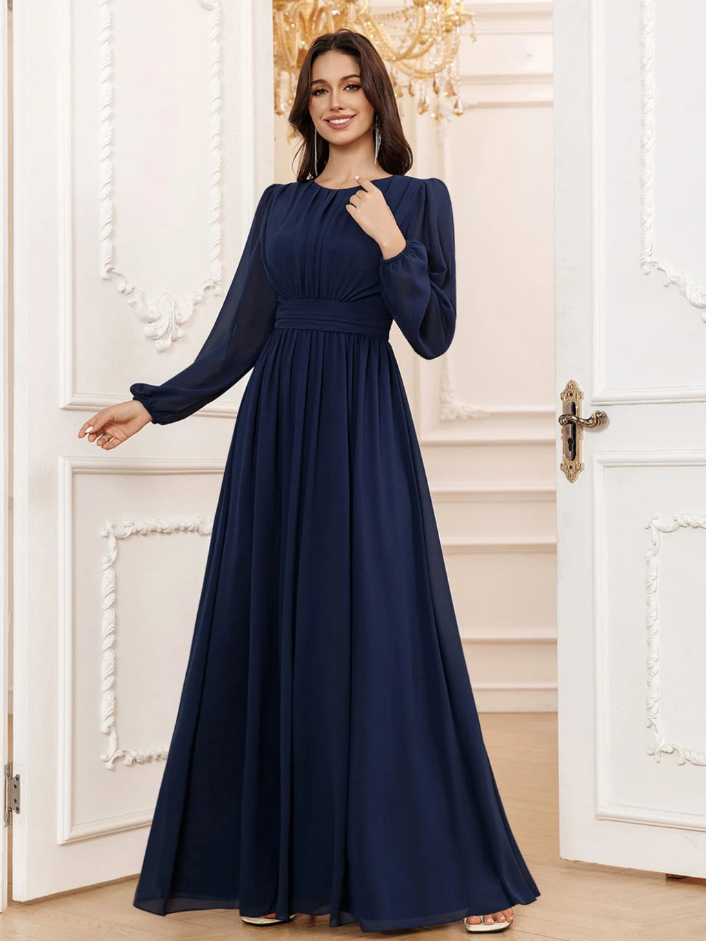 Volly Toych Lavender Elegant A-Line Round Neck Long Sleeve Floor-Length Chiffon Formal Bridesmaid Dress, - image 11