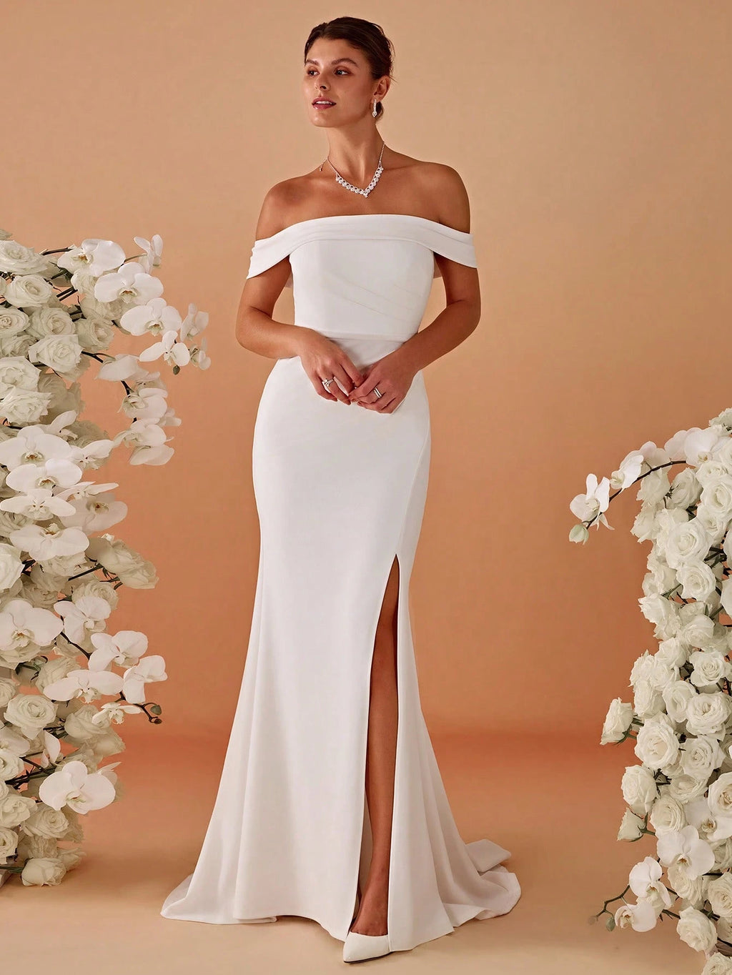 Sexy Off-Shoulder High Slit Mermaid Wedding Dress White Elegant Bridal Dress - image 5