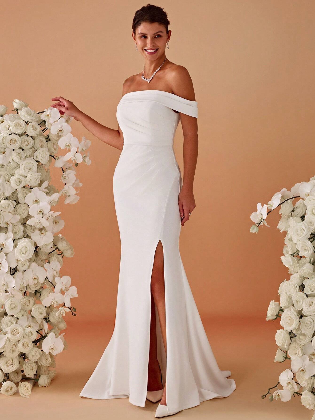 Sexy Off-Shoulder High Slit Mermaid Wedding Dress White Elegant Bridal Dress