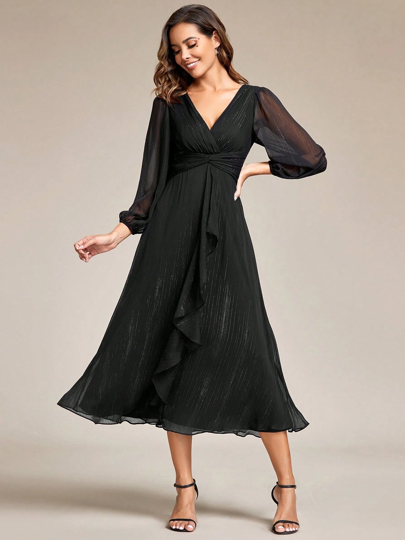 Women's Elegant V-Neck Long Sleeve Formal Dress, Shiny Twist Ruched