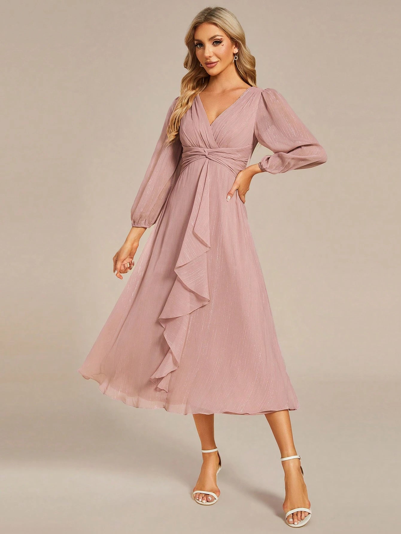 Women's Elegant V-Neck Long Sleeve Formal Dress, Shiny Twist Ruched