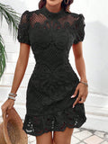 Breezaya Women Summer Solid Color Stand Collar Lace Short Puff Sleeve Elegant Bodycon Dress Vacation Beach