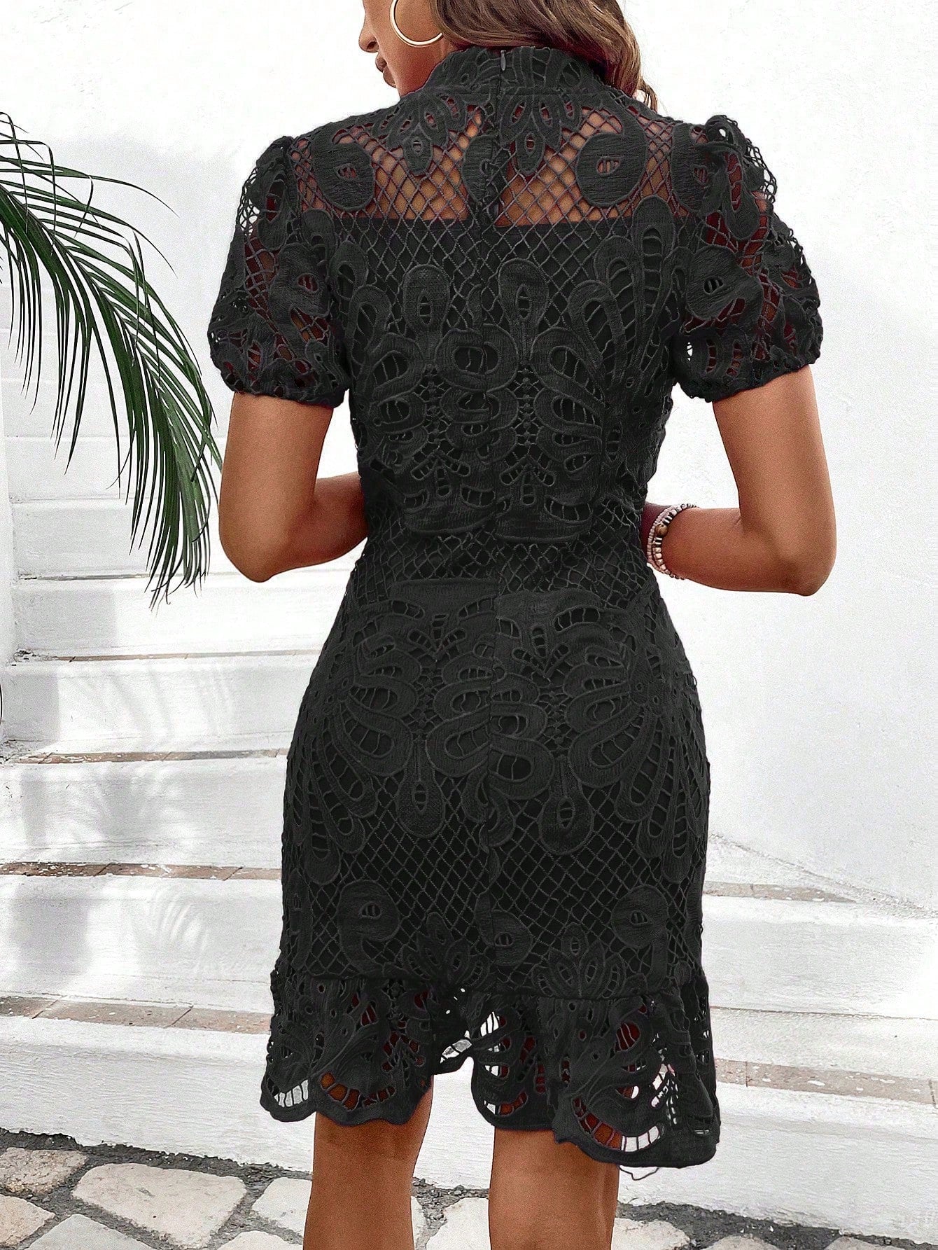 Breezaya Women Summer Solid Color Stand Collar Lace Short Puff Sleeve Elegant Bodycon Dress Vacation Beach - image 2