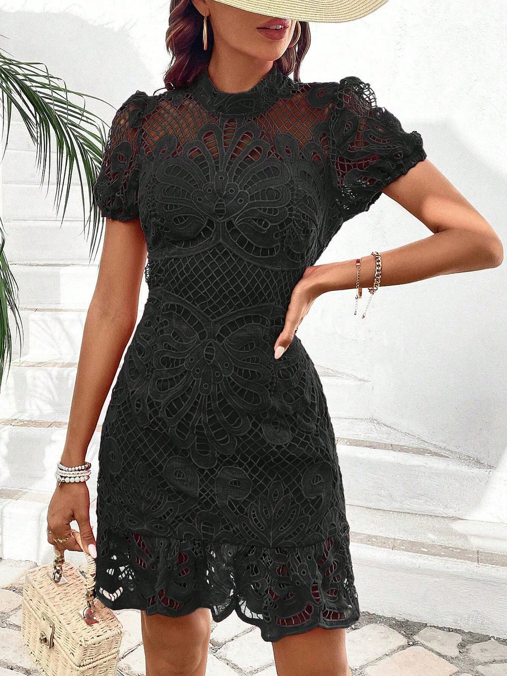 Breezaya Women Summer Solid Color Stand Collar Lace Short Puff Sleeve Elegant Bodycon Dress Vacation Beach - image 7