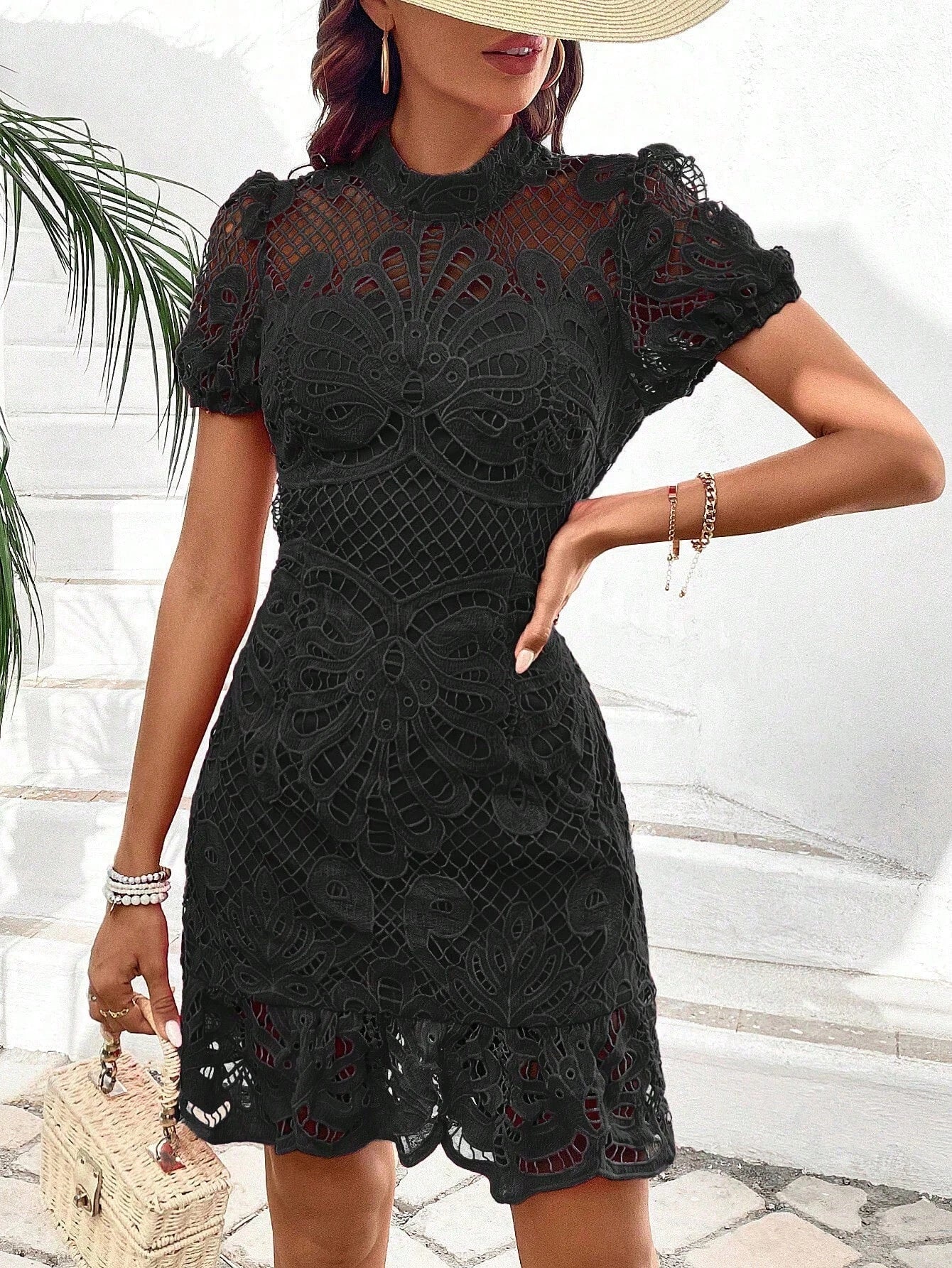 Breezaya Women Summer Solid Color Stand Collar Lace Short Puff Sleeve Elegant Bodycon Dress Vacation Beach - image 7