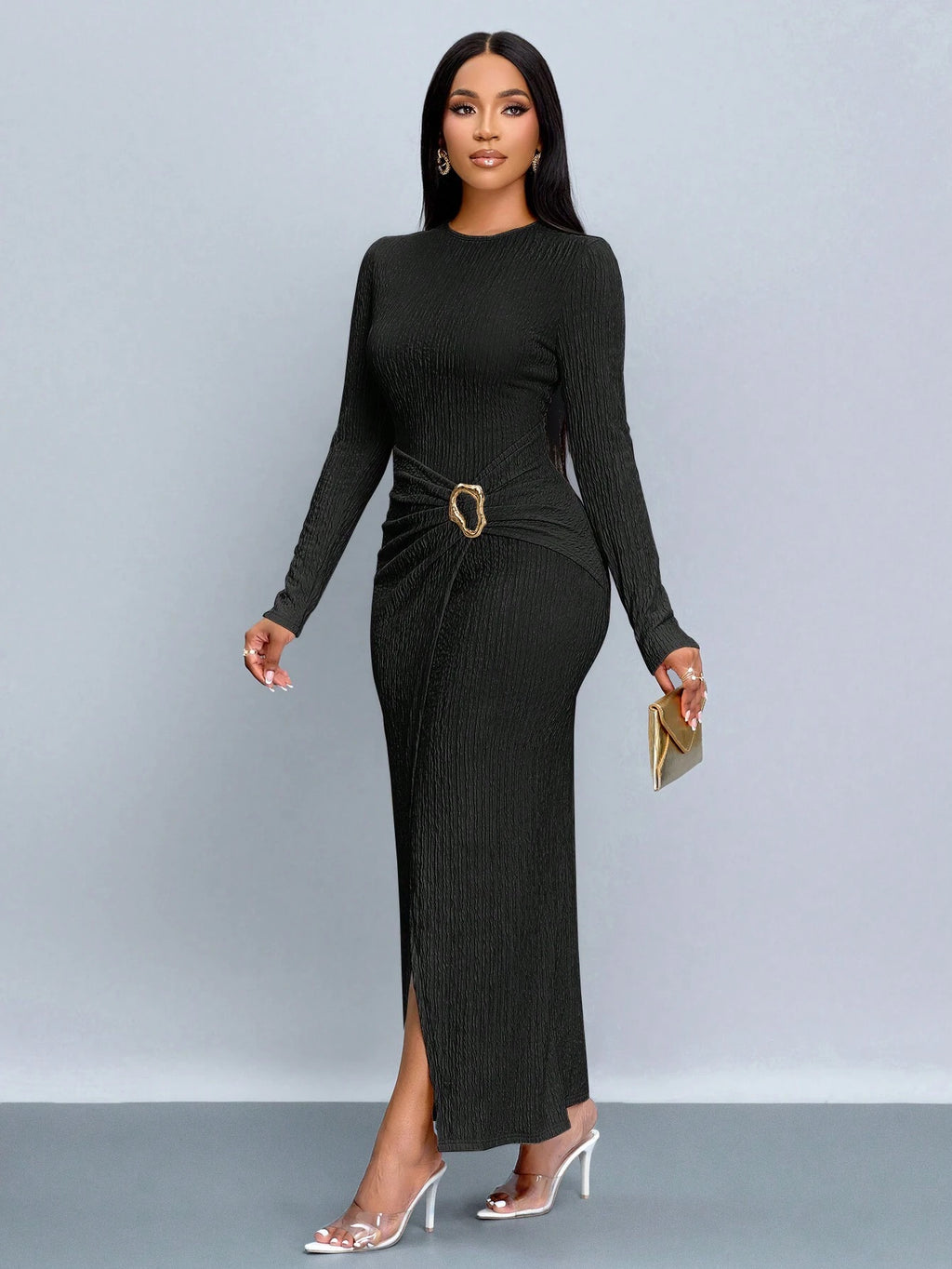 SOLERSUN Women's Black Elegant Twisted Maxi Dress,Solid Color Autumn